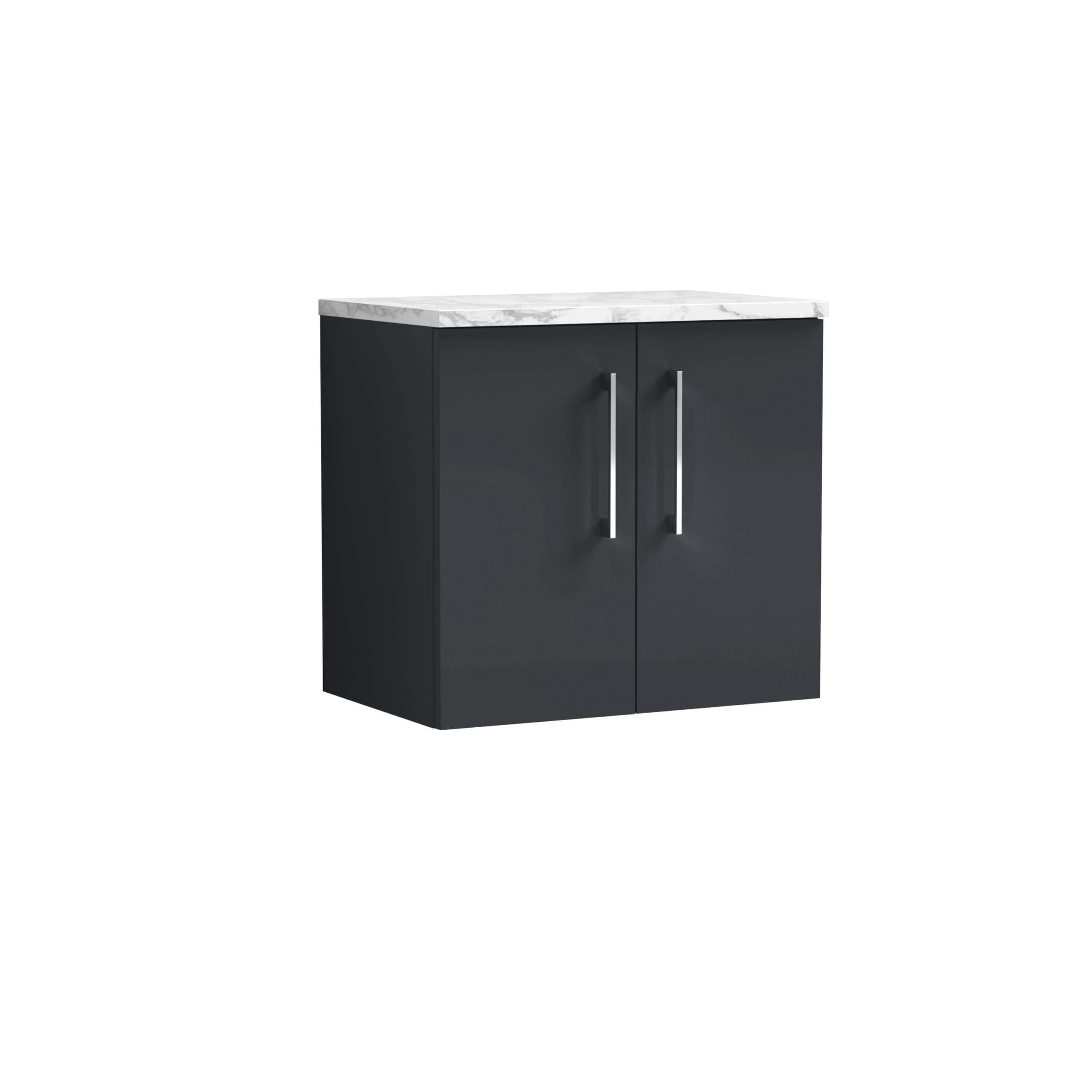 Dark grey bathroom vanity with a white marble top and modern silver handles, ideal for contemporary bathroom decor.