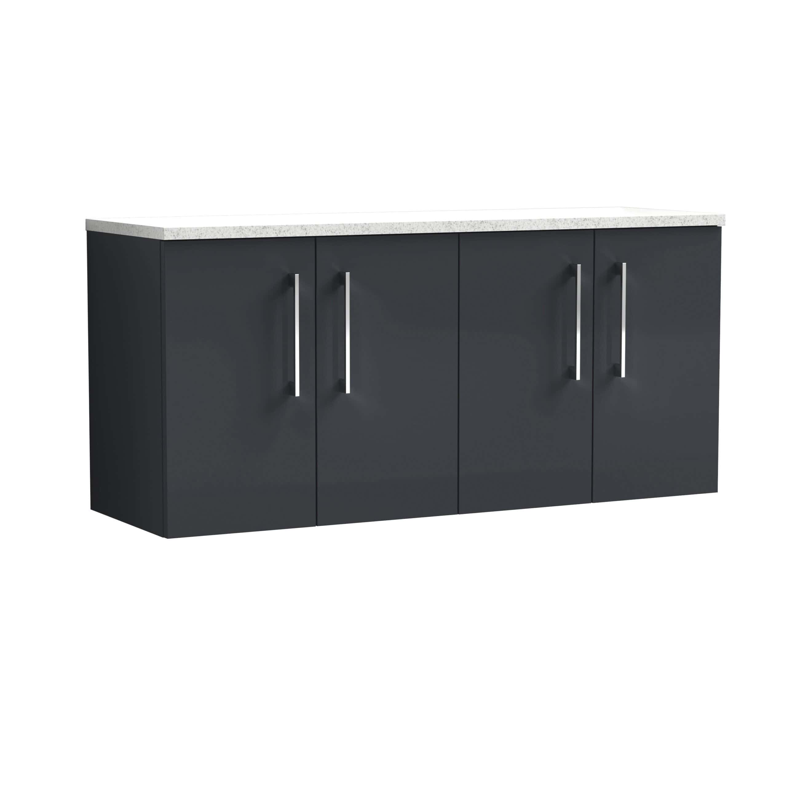 Modern grey bathroom storage cabinet with a white speckled countertop, sleek metal handles, and ample space for bathroom essentials. Perfect for contemporary bathroom designs and organisation.