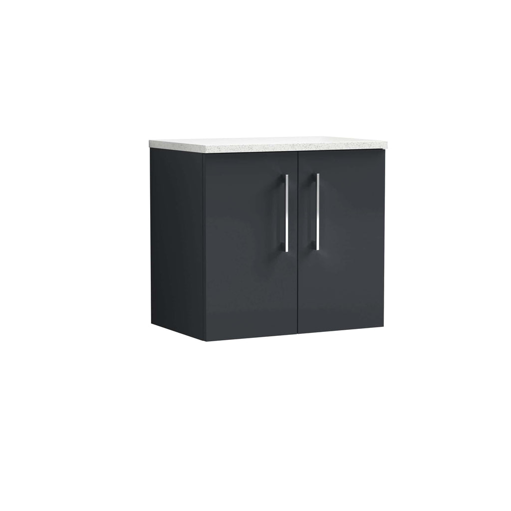 Modern grey bathroom vanity cabinet with a white countertop, sleek handles, perfect for contemporary bathroom interior design. Ideal storage solution for bathrooms seeking a stylish upgrade.