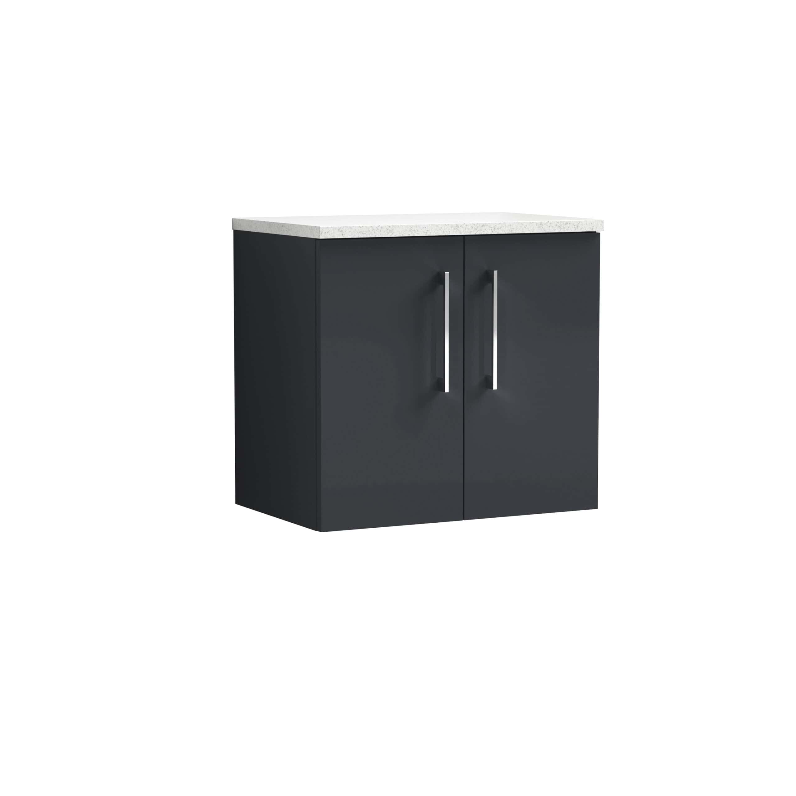 Modern grey bathroom vanity cabinet with a white countertop, sleek handles, perfect for contemporary bathroom interior design. Ideal storage solution for bathrooms seeking a stylish upgrade.