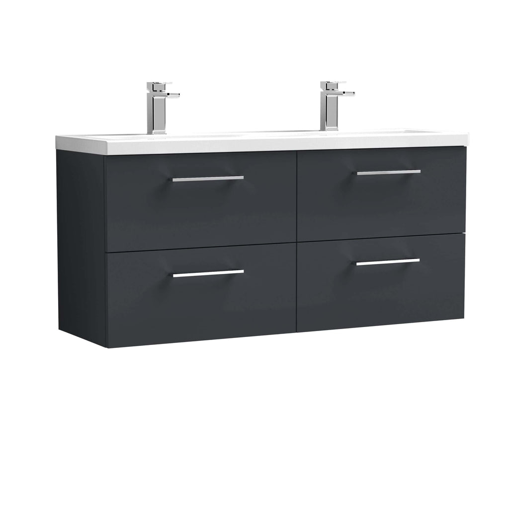 Contemporary double vanity bathroom unit with dark grey finish, white countertop, and modern chrome handles, featuring two modern sinks and chrome taps for stylish bathroom design.