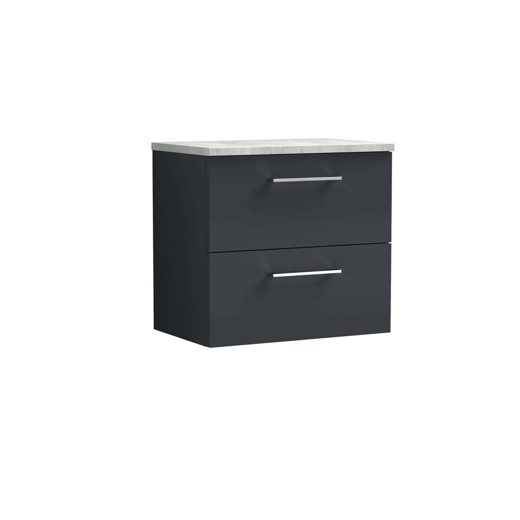Sleek modern black bathroom vanity unit with two drawers and a light grey marble top, ideal for stylish bathroom storage and organisation.