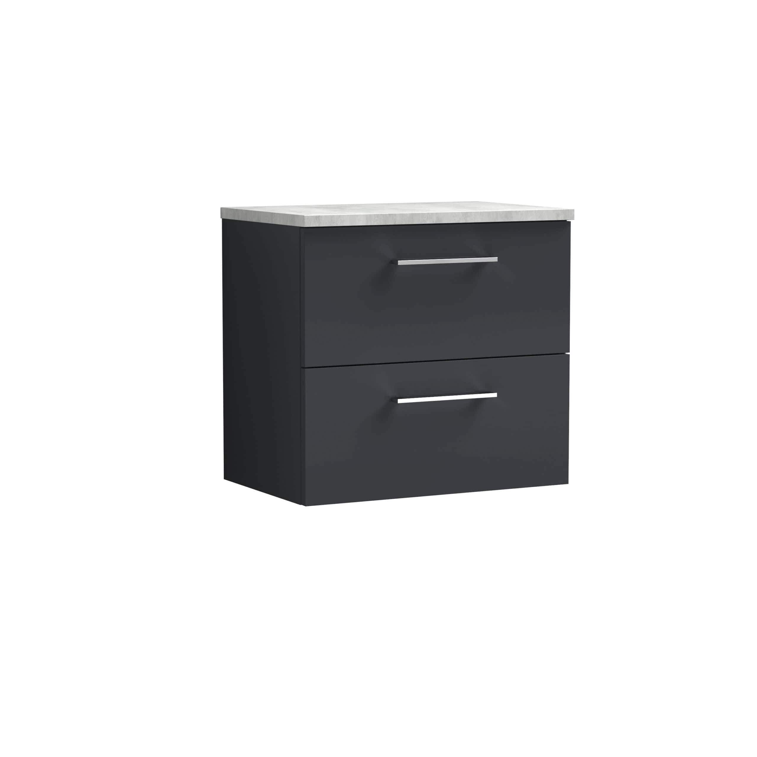 Sleek modern black bathroom vanity unit with two drawers and a light grey marble top, ideal for stylish bathroom storage and organisation.