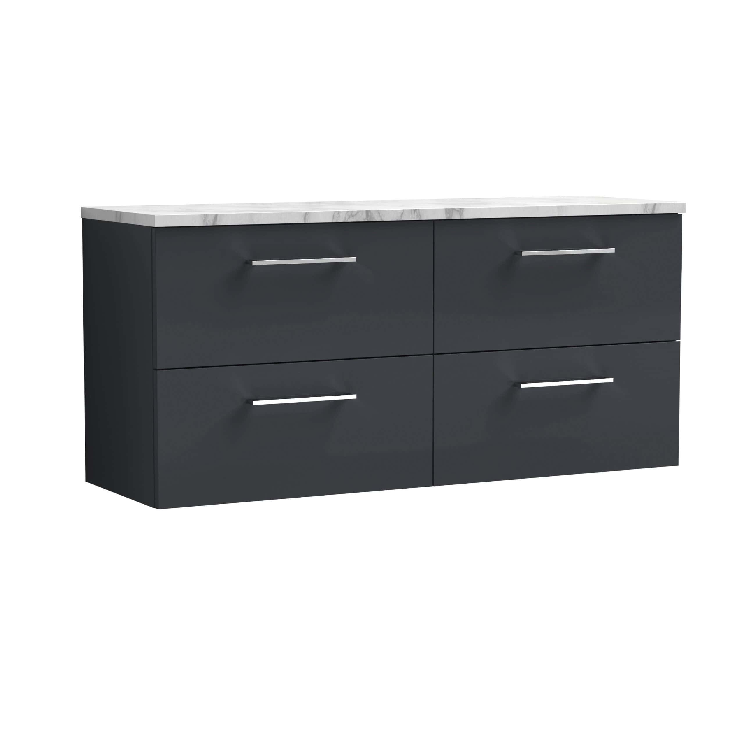 Modern grey bathroom storage cabinet with a white marble top, featuring four spacious drawers with sleek silver handles, ideal for organising bathroom essentials.