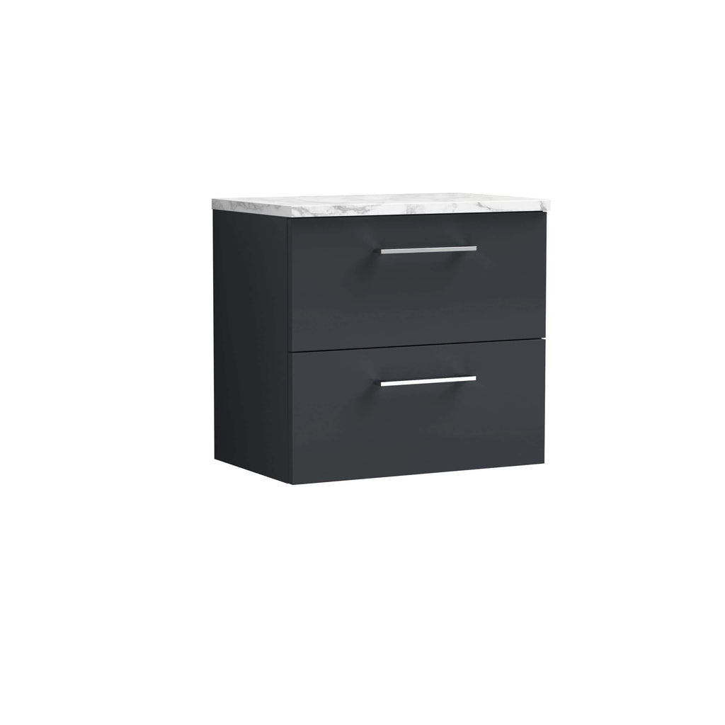 Modern black bathroom vanity unit with a sleek white marble top, ideal for contemporary bathroom renovations and storage solutions.