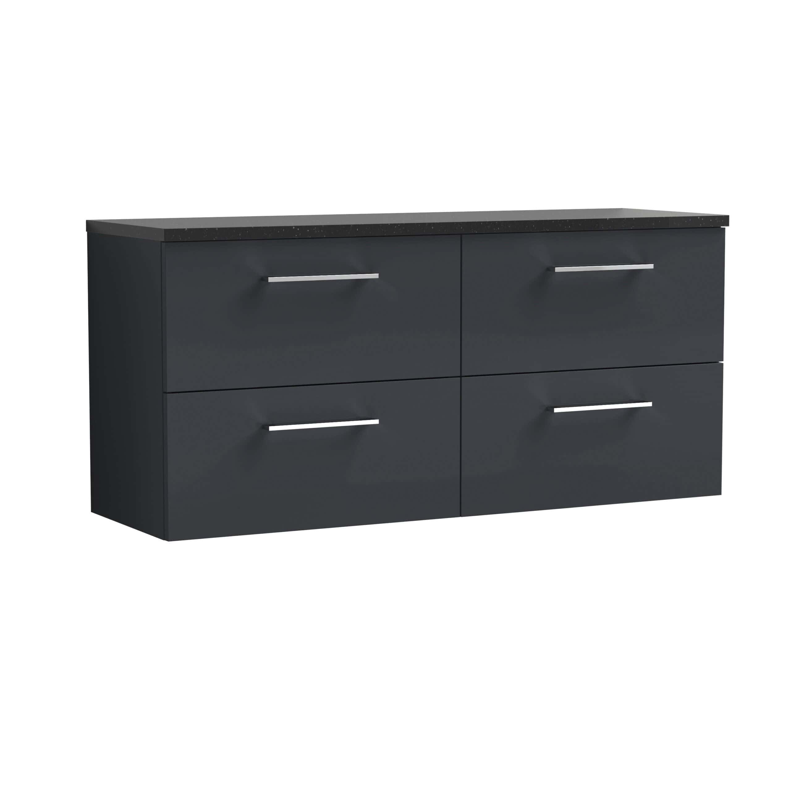 Sleek dark grey bathroom cabinet with four drawers and modern silver handles, featuring a black speckled countertop, perfect for stylish bathroom storage solutions.