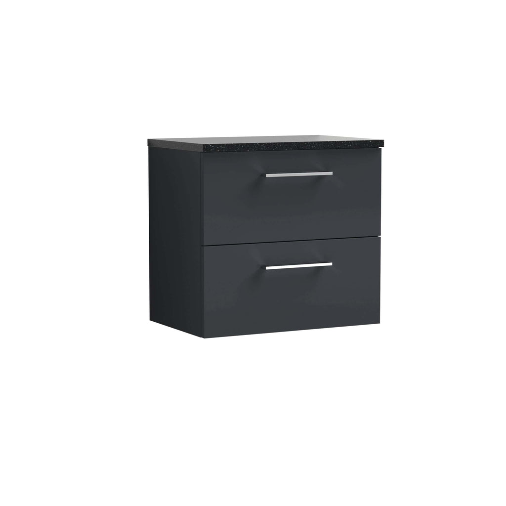 Sleek black bathroom vanity unit with dual drawers and modern chrome handles, ideal for contemporary bathroom storage and organisation. Perfect for stylish, functional bathroom design.