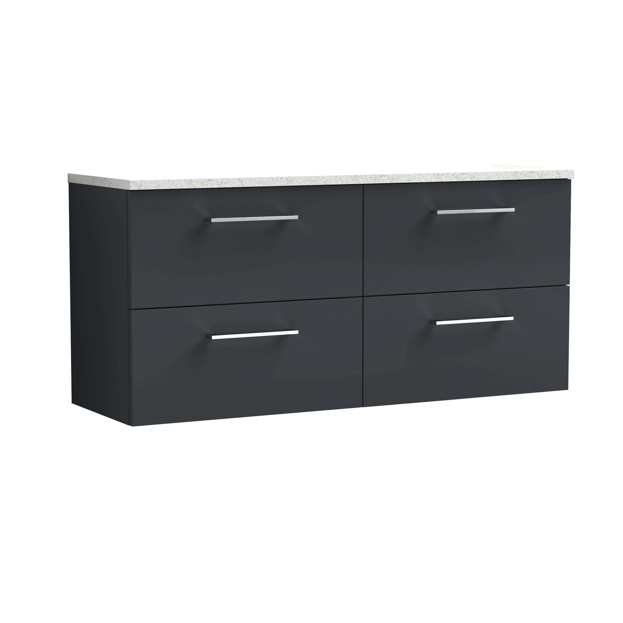 Sleek navy bathroom vanity with four drawers, modern chrome handles, and a white speckled countertop, ideal for contemporary bathroom storage and design.