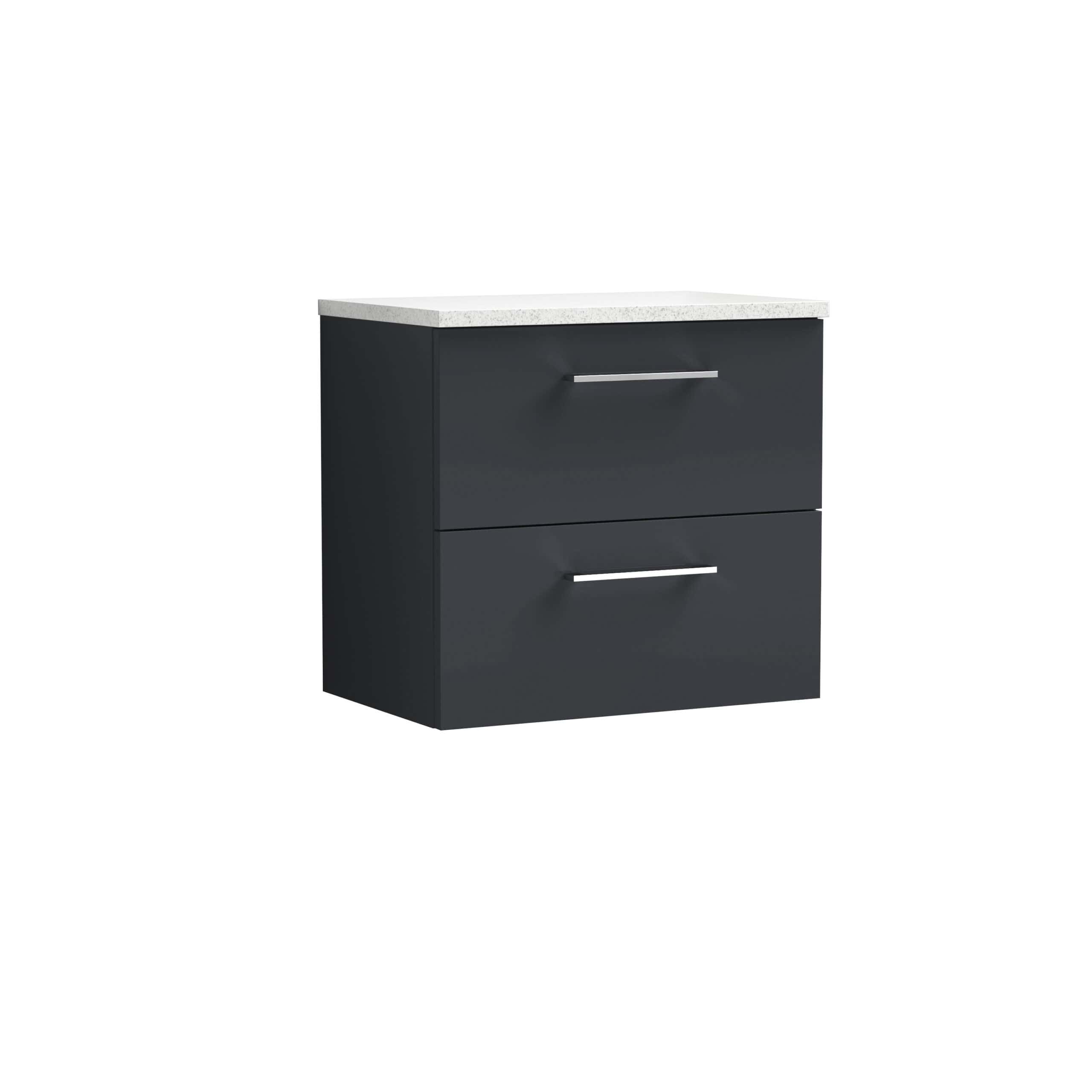 Sleek black bathroom vanity with two spacious drawers and a white countertop, perfect for modern bathroom storage and organisation. Durable, stylish design by Bubly Bathrooms.