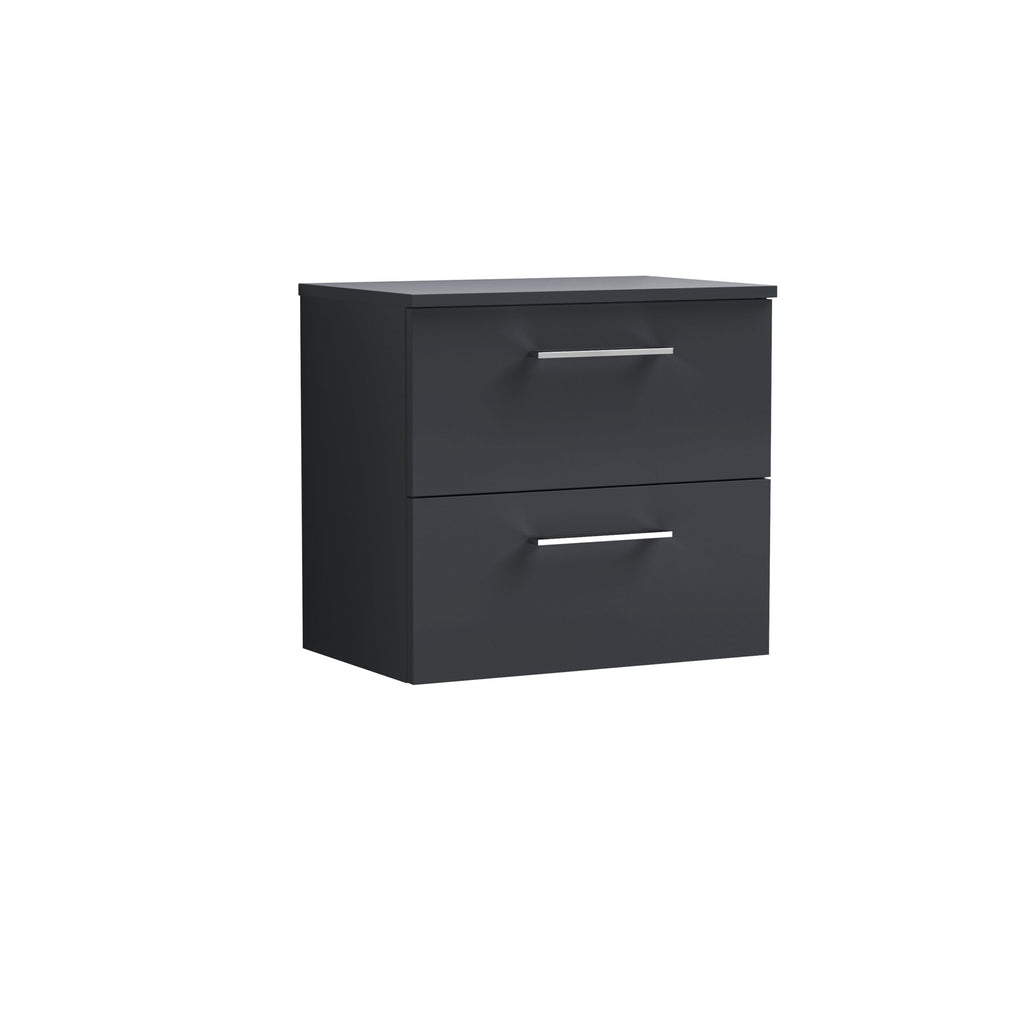 Sleek black bathroom vanity unit with two drawers and modern silver handles, perfect for contemporary bathroom storage and organisation. Designed for a stylish and functional bathroom space.