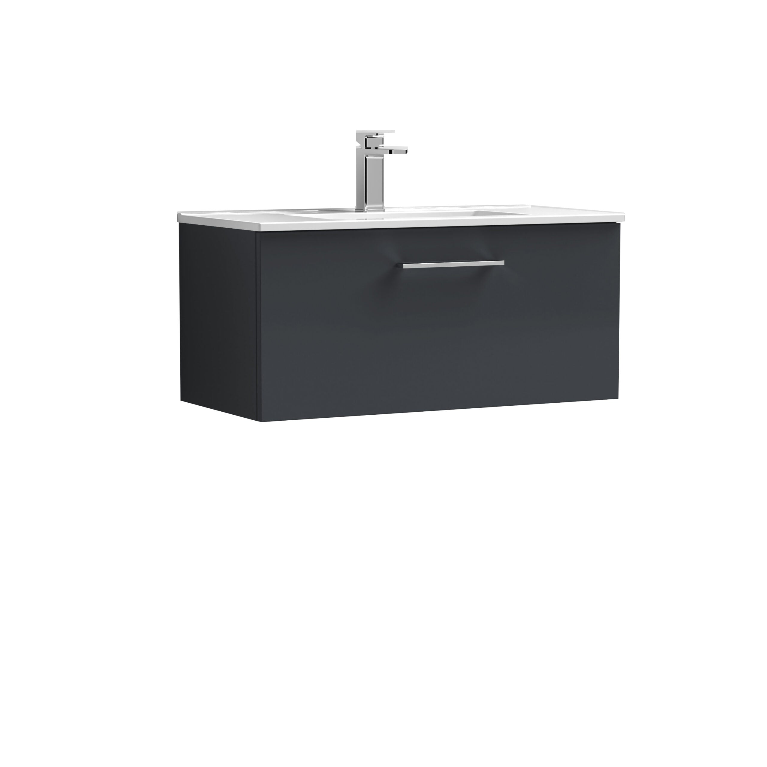Modern black bathroom vanity with integrated double sink and chrome faucet, ideal for contemporary bathroom designs. Perfect for stylish bathroom storage and plumbing setup.