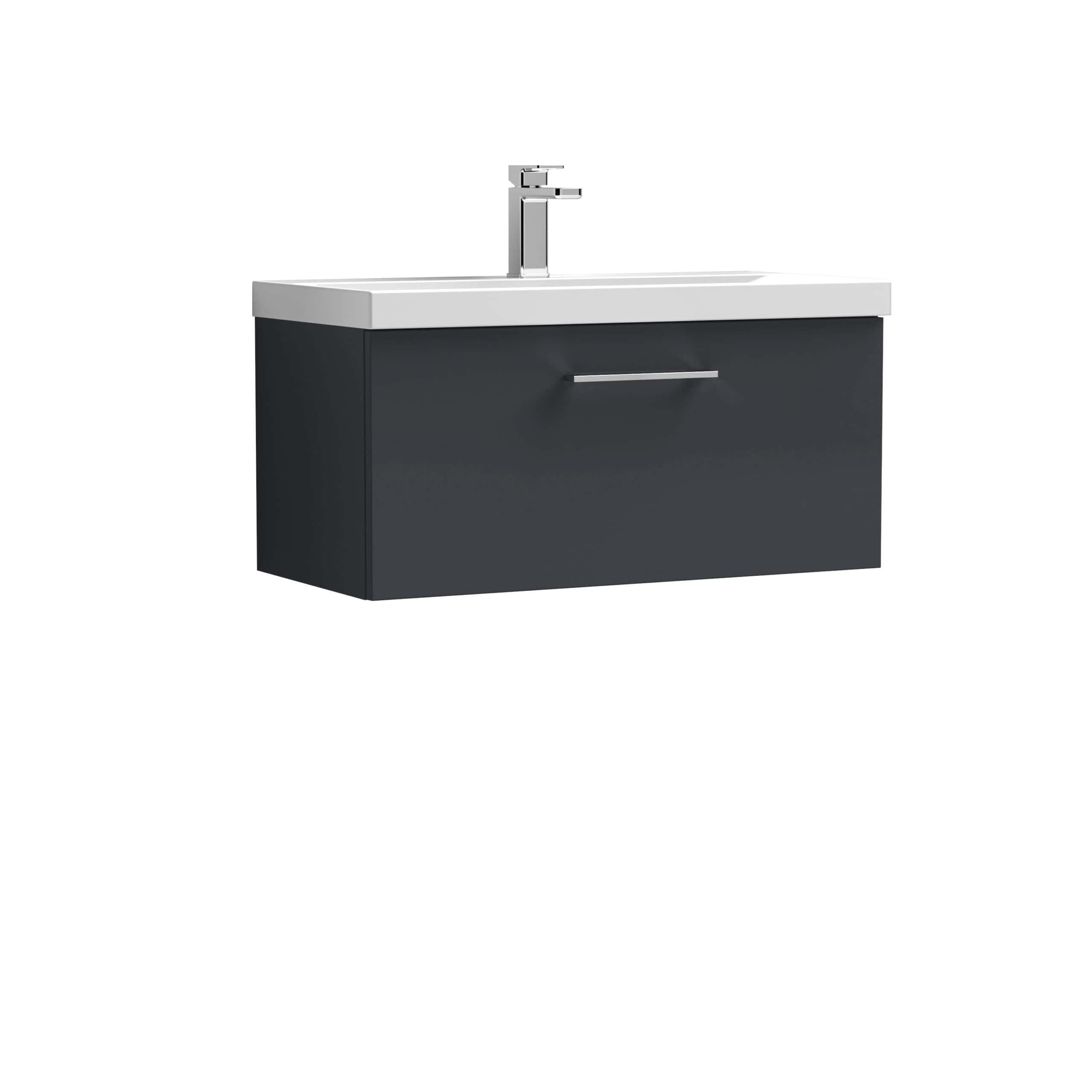 Sleek black bathroom vanity with integrated sink and modern chrome faucet, ideal for contemporary bathroom designs and waterproofing in stylish bathroom spaces.