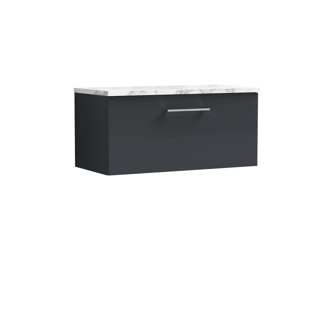 Sleek black bathroom wall-mounted cabinet with a white marble top, ideal for modern bathroom storage solutions. Features a minimalist design with a single handle for easy access.