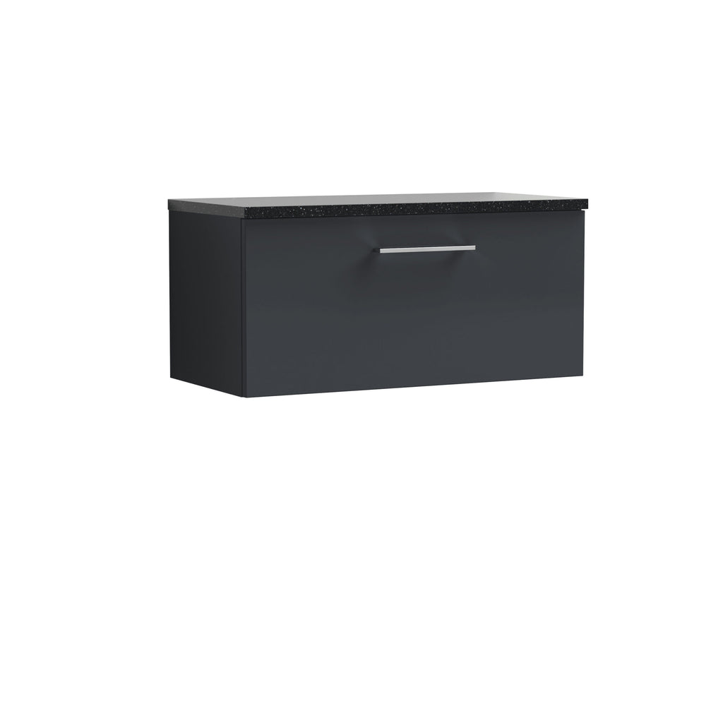 Sleek black bathroom wall-mounted storage unit with a textured black countertop, designed for modern bathroom organisation. Perfect for stylish and functional space-saving solutions.