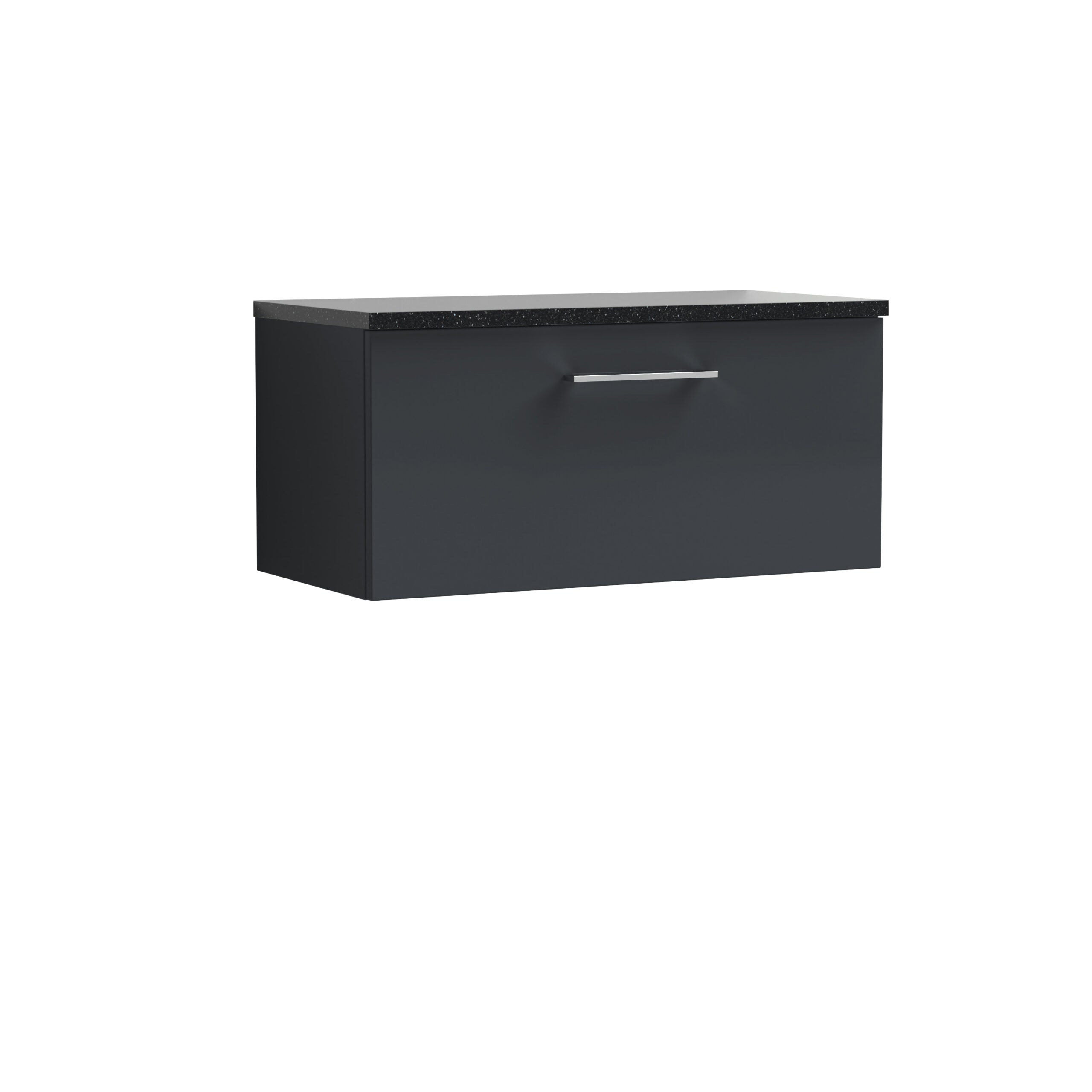 Sleek black bathroom wall-mounted storage unit with a textured black countertop, designed for modern bathroom organisation. Perfect for stylish and functional space-saving solutions.