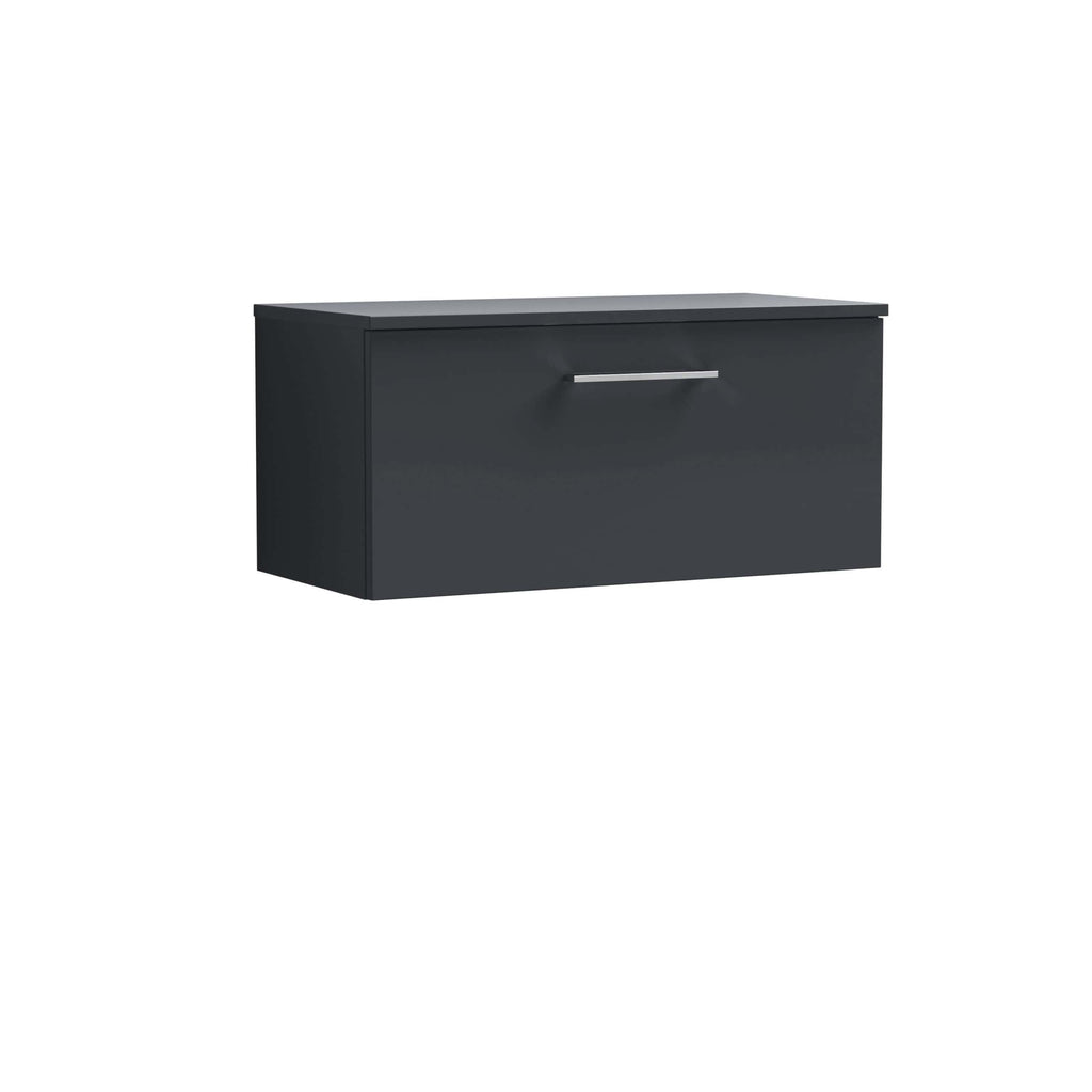 Sleek black bathroom drawer unit with minimalist design and silver handle, perfect for modern bathroom storage and organisation.