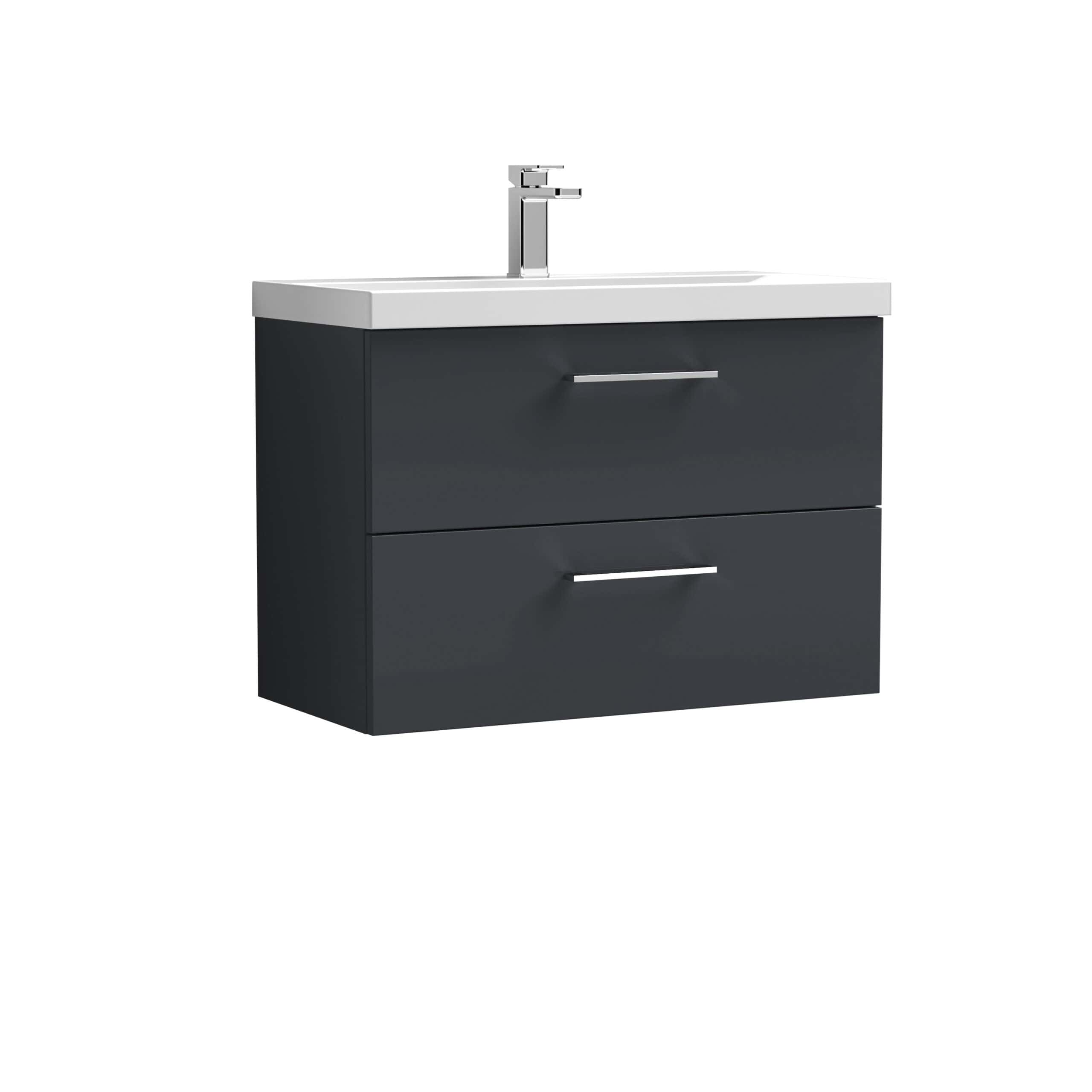 Sleek grey bathroom vanity with integrated ceramic sink and modern chrome handle design for contemporary bathroom remodels.