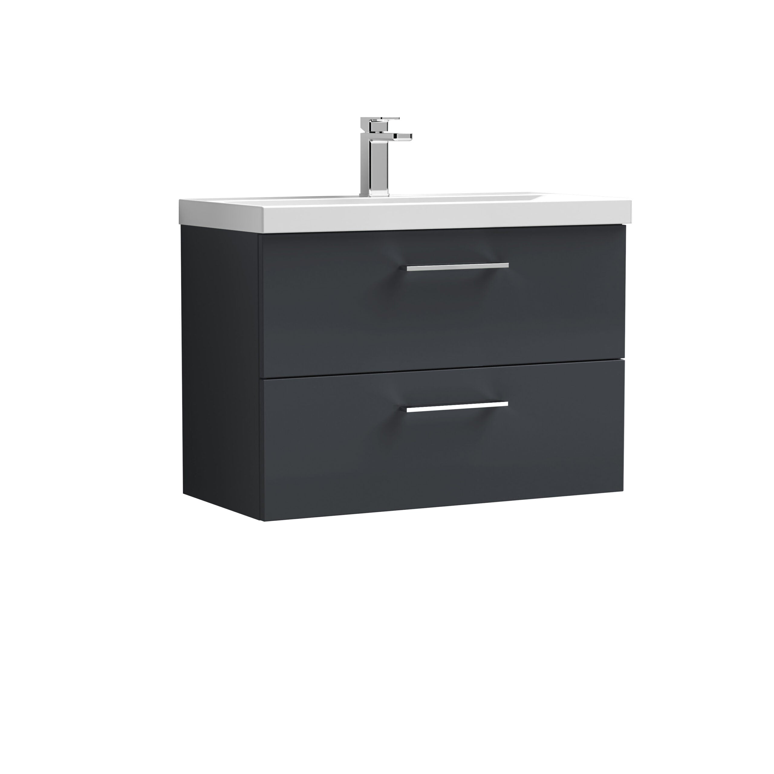 Sleek black bathroom vanity unit with integrated sink and modern chrome handles, ideal for contemporary bathrooms. Compact storage drawers provide functional space for bathroom essentials.