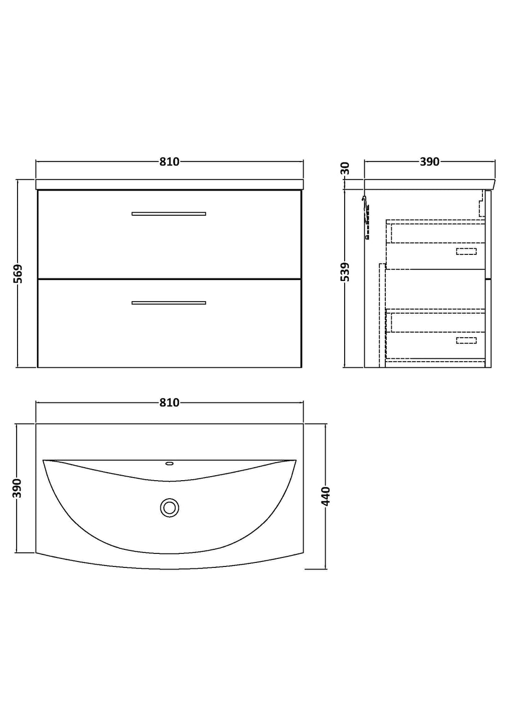 Contemporary bathroom vanity with two drawers, sleek design, and modern handles, dimensions 810mm wide by 569mm high, ideal for stylish bathroom storage solutions.