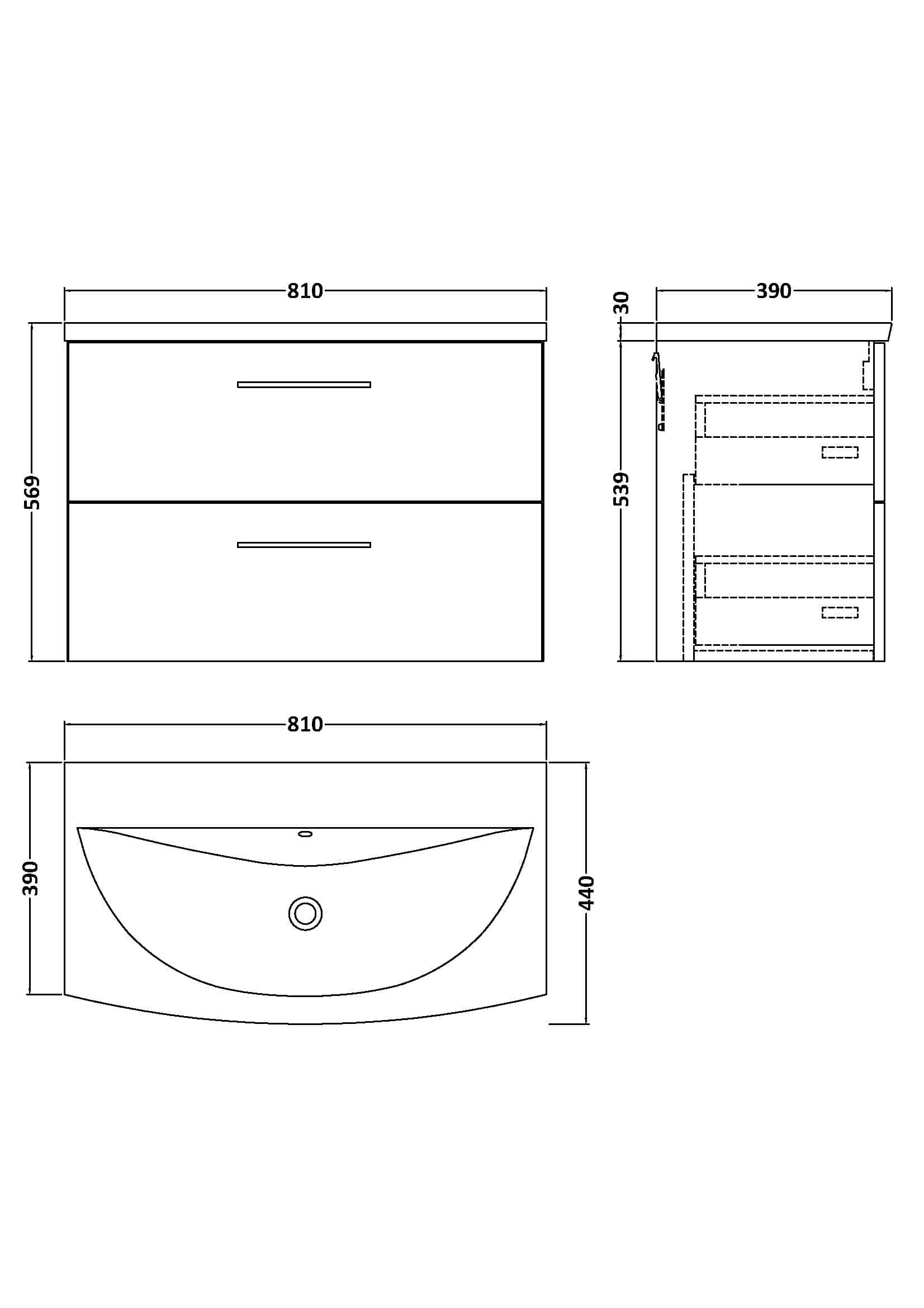 Contemporary bathroom vanity with two drawers, sleek design, and modern handles, dimensions 810mm wide by 569mm high, ideal for stylish bathroom storage solutions.