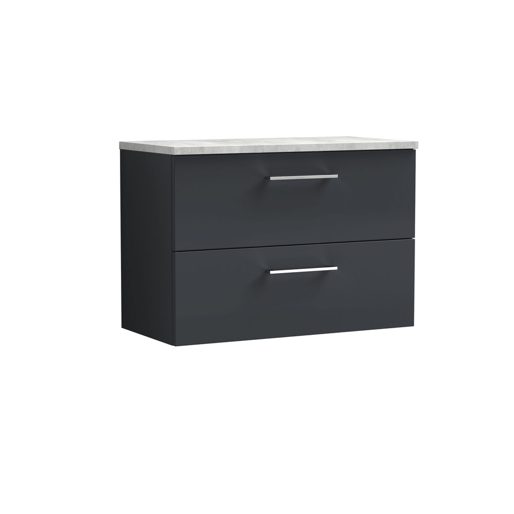 Sleek black bathroom vanity with two spacious drawers and silver handles, topped with a light grey marble effect worktop, perfect for modern bathroom storage and 스타일.
