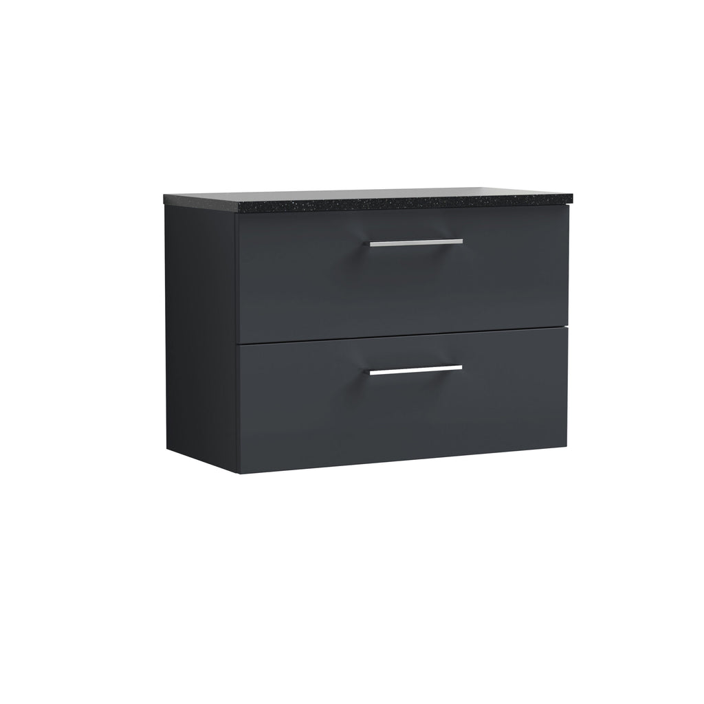 Sleek black bathroom vanity with two drawers and a granite countertop for modern, functional bathroom storage solutions.