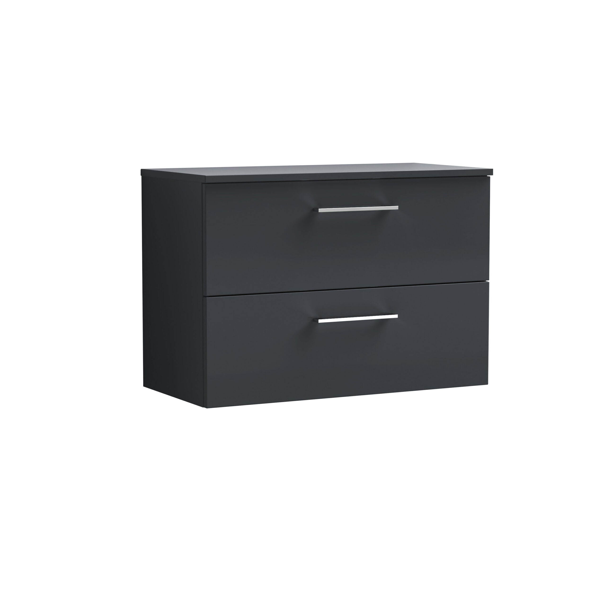 Sleek navy blue bathroom cabinet with two drawers and modern chrome handles, ideal for stylish bathroom storage and organisation.