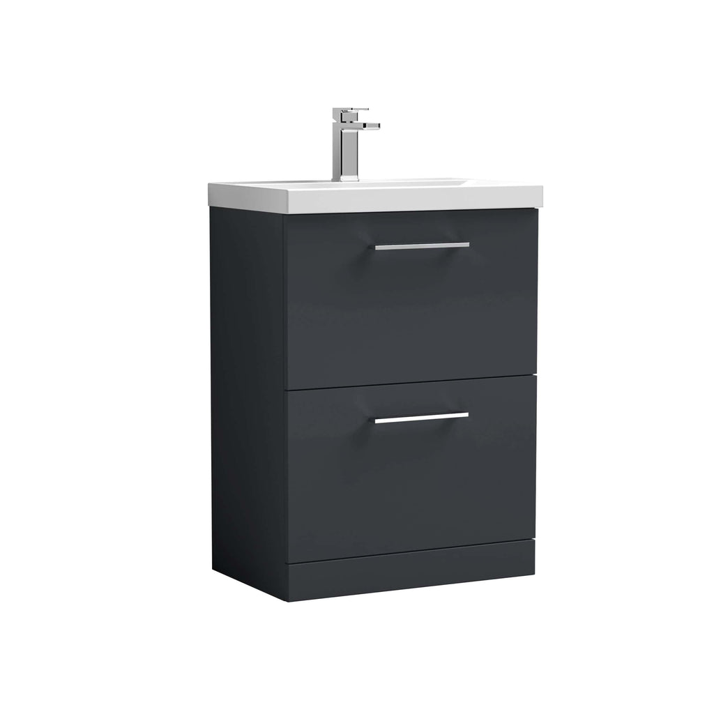 Black bathroom vanity unit with integrated sink and chrome handle accents, perfect for modern bathroom designs and storage solutions. Durable and stylish, ideal for contemporary bathrooms.