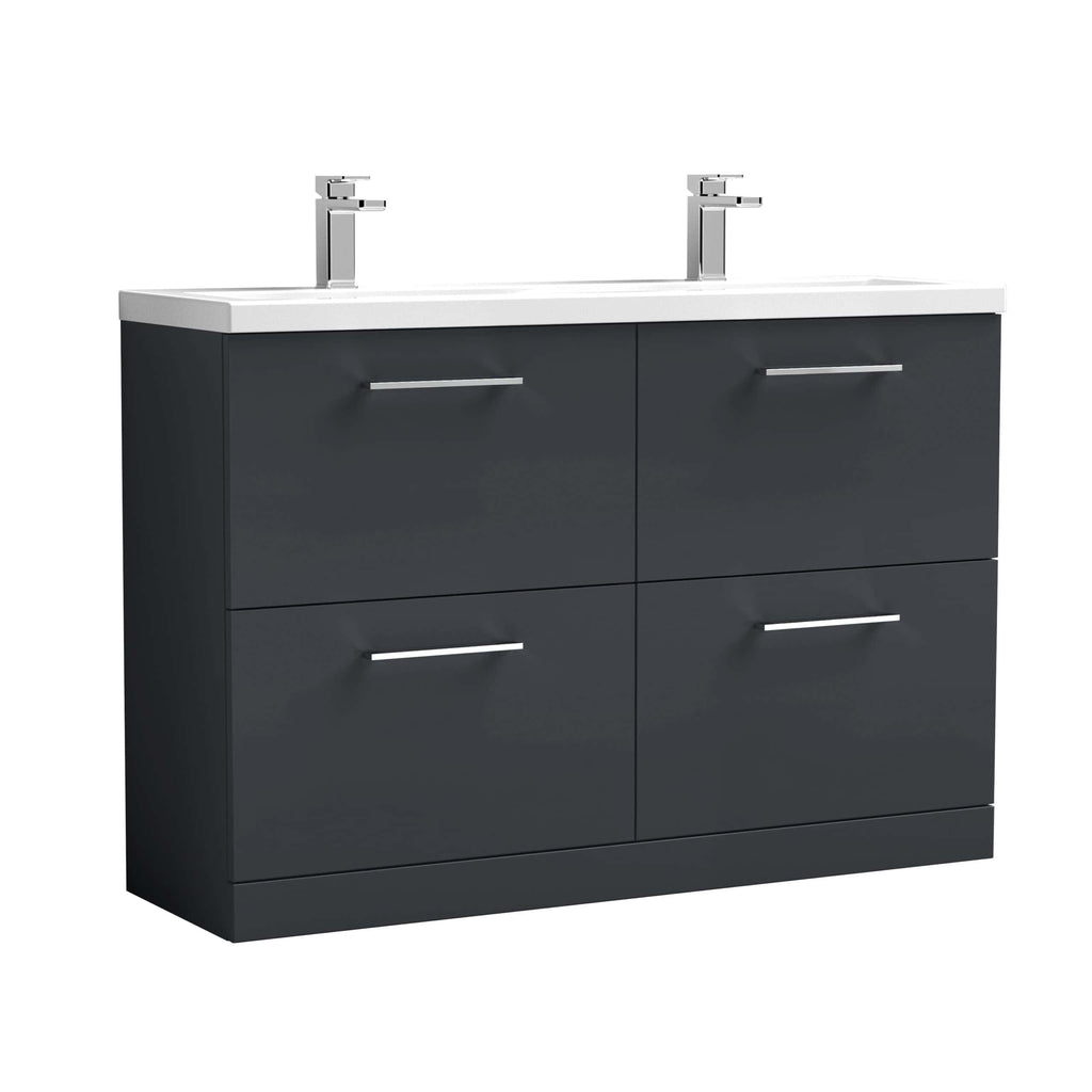 Sleek black double vanity bathroom unit with a white countertop and dual modern chrome tap sinks, ideal for contemporary bathrooms.