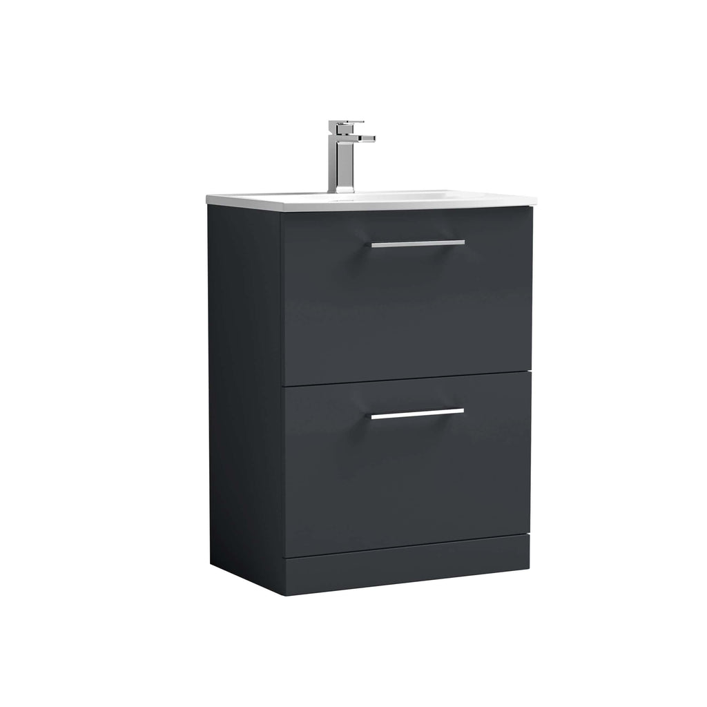 Modern black bathroom vanity with integrated sink and chrome handle, ideal for contemporary bathroom designs. perfect storage solution with two drawers, combining style and functionality.