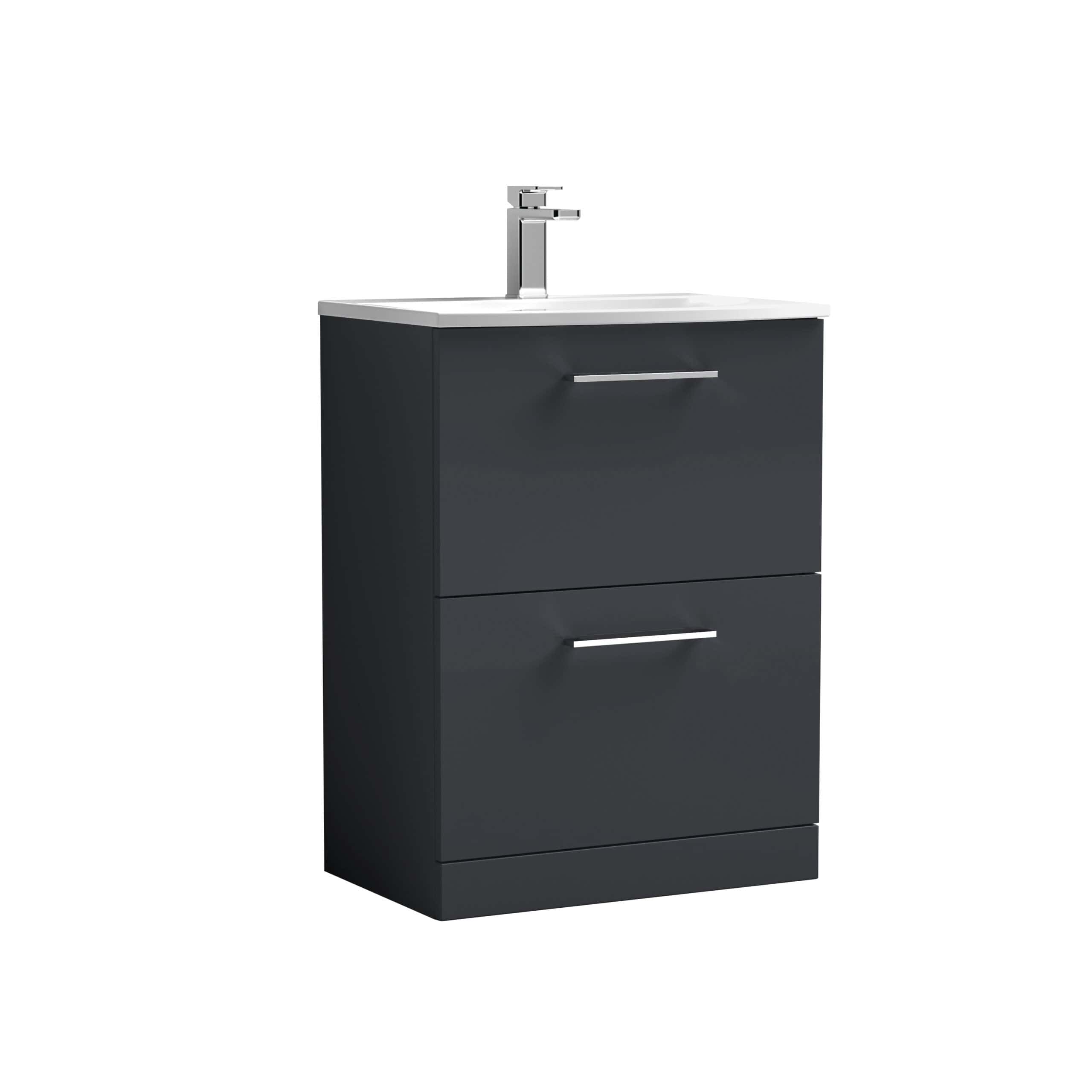 Modern black bathroom vanity with integrated sink and chrome handle, ideal for contemporary bathroom designs. perfect storage solution with two drawers, combining style and functionality.