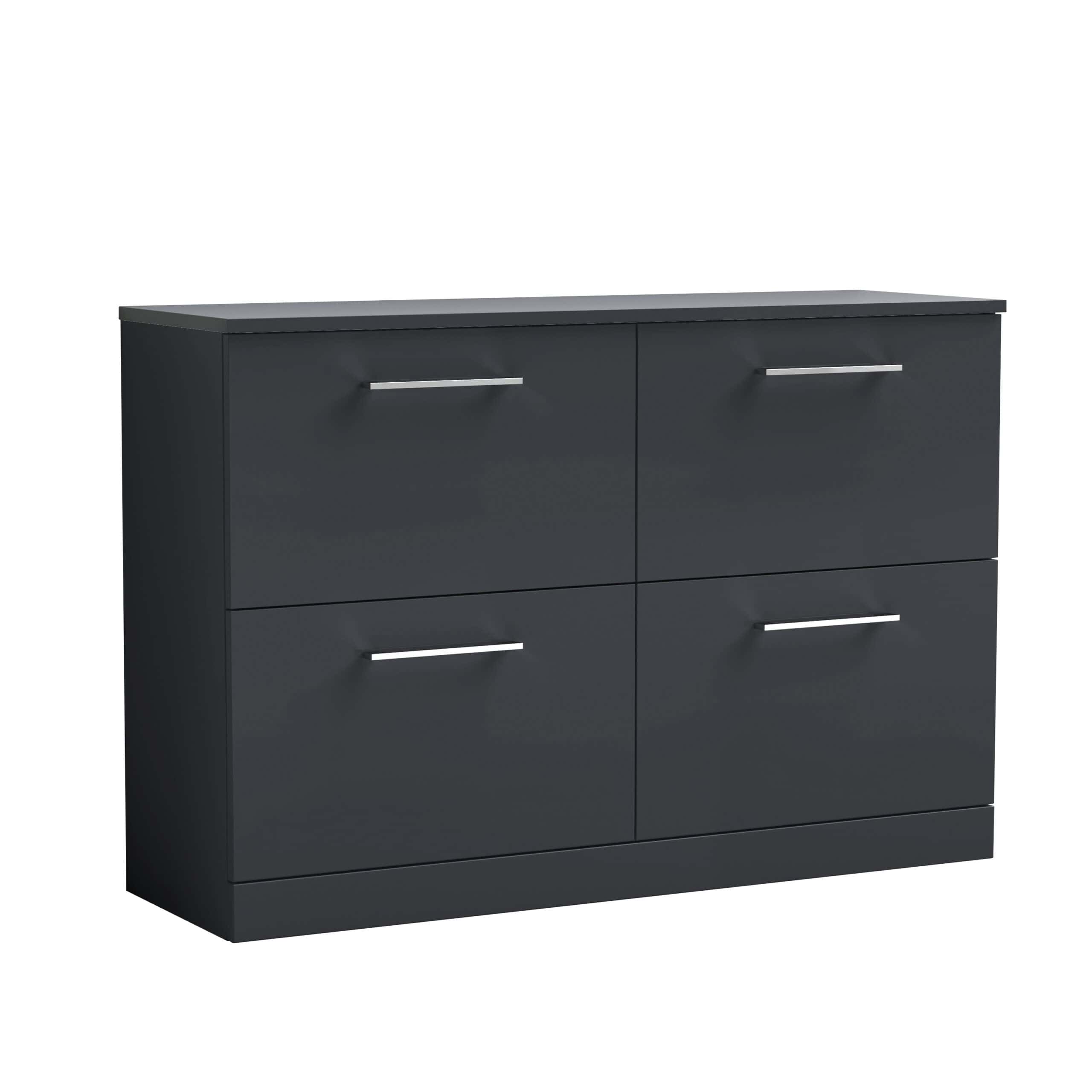 Sleek dark grey bathroom storage cabinet with four drawers, modern minimalist design, aluminium handles, perfect for bathroom organisation and décor.