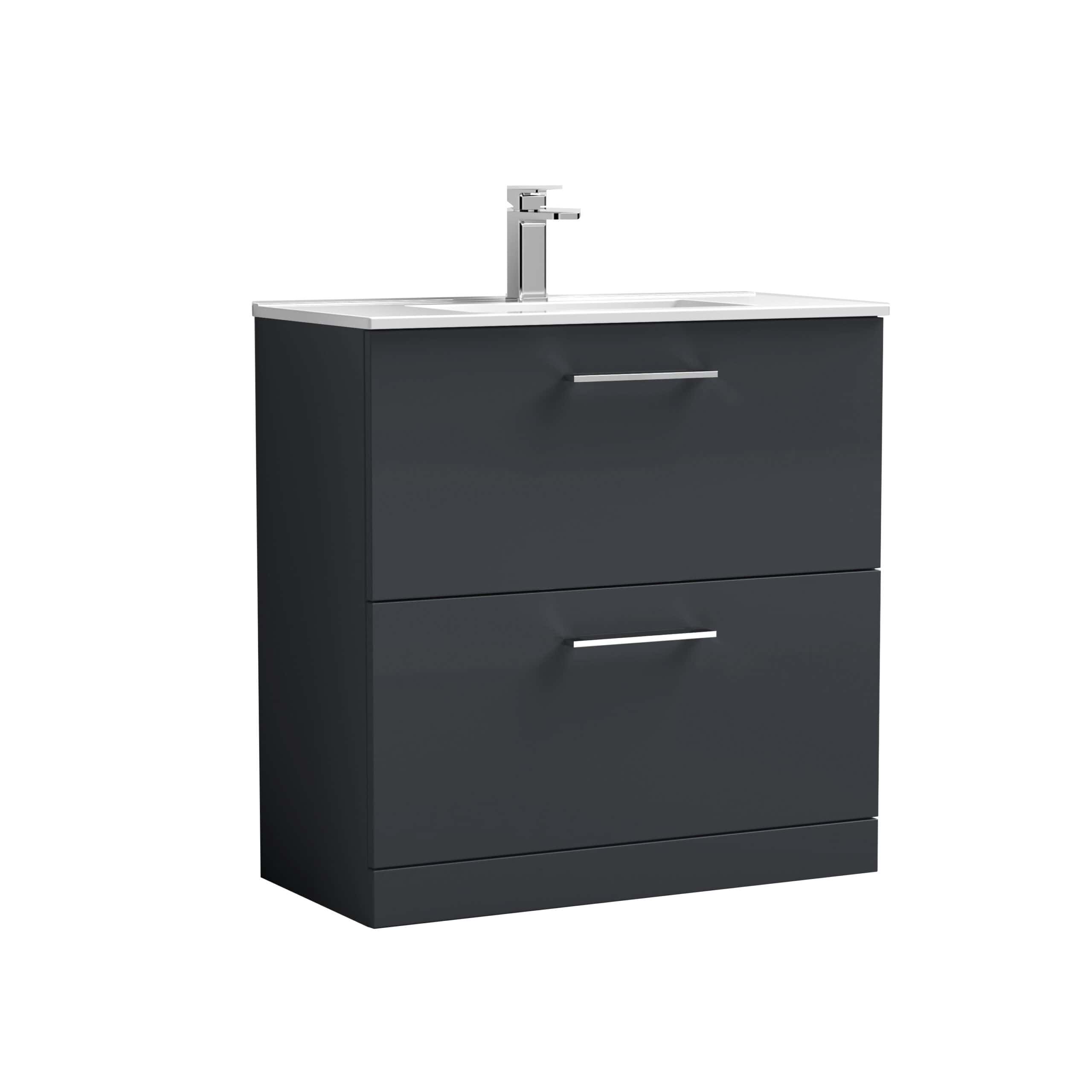 Sleek black bathroom vanity with dual drawers and white countertop, designed for modern bathrooms with high-quality finishes and stylish chrome handles. Perfect for contemporary bathroom décor.