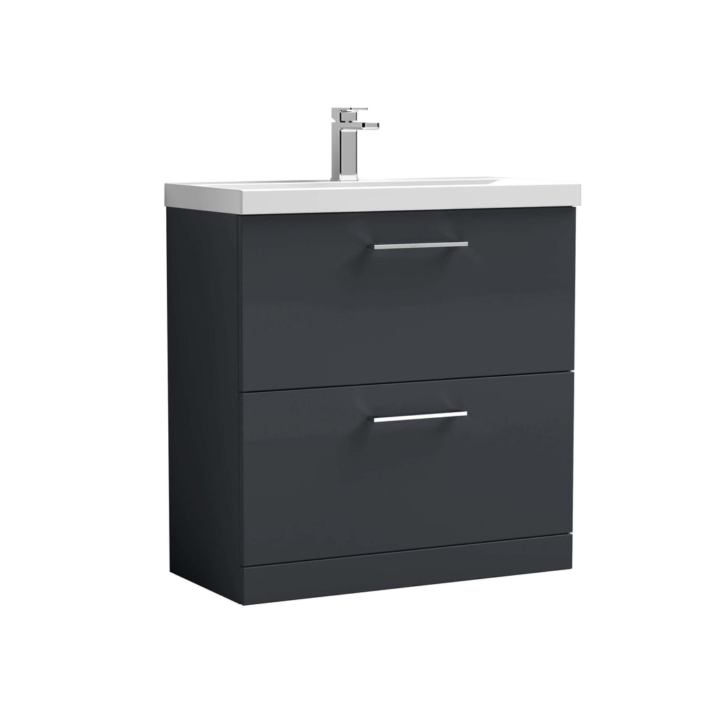 Modern grey bathroom vanity unit with white countertop and chrome handle, featuring a sleek basin and storage drawers for contemporary bathroom design.