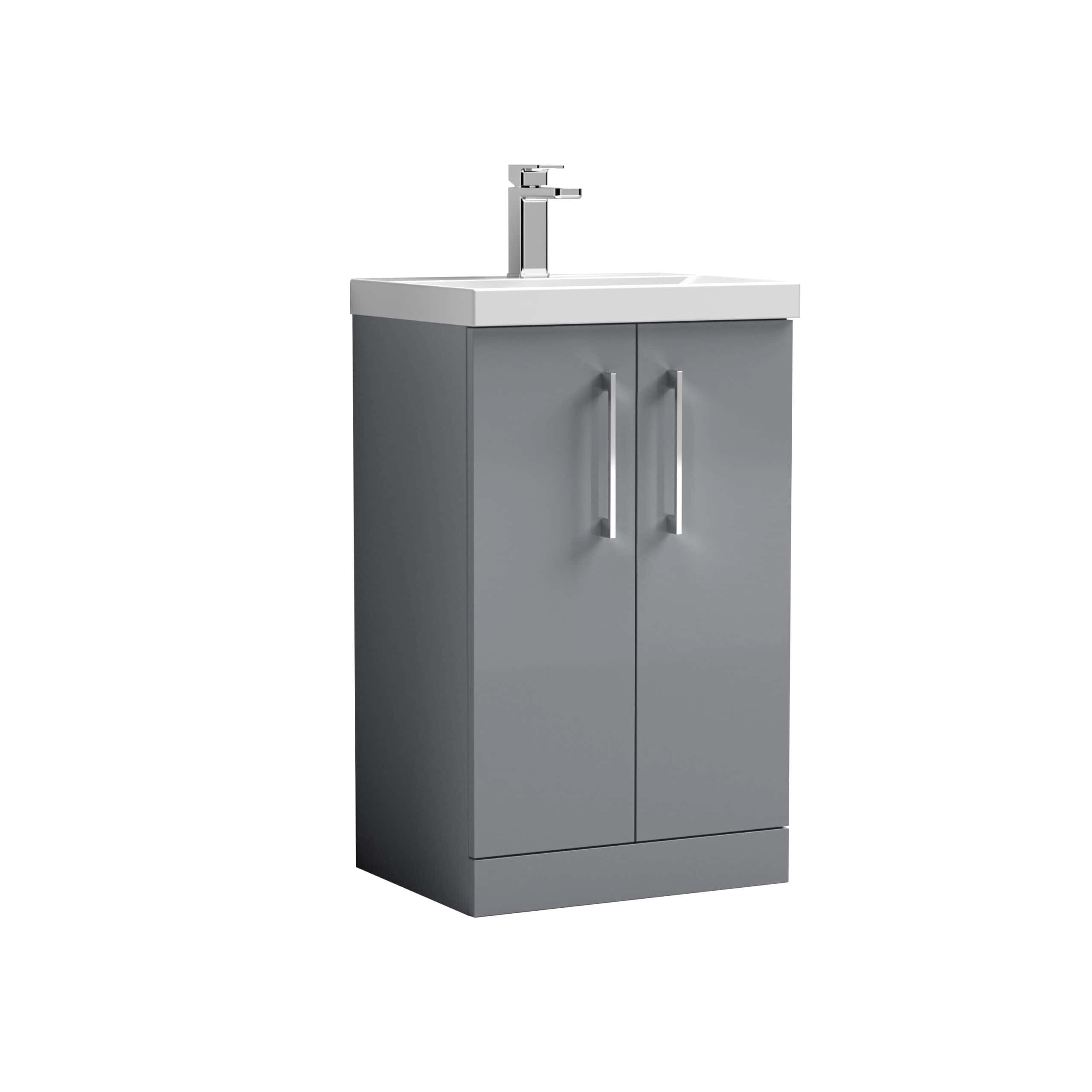 Contemporary grey bathroom vanity unit with inset white ceramic sink and modern chrome tap, ideal for bathroom storage and style.