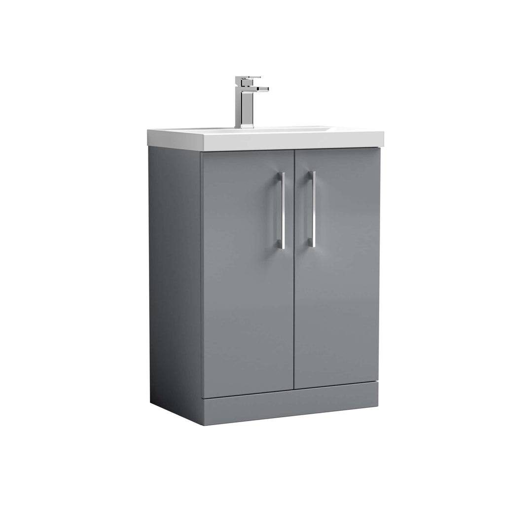 Contemporary grey bathroom vanity unit with a white ceramic sink and chrome tap, ideal for modern bathroom designs. Perfect for stylish bathroom storage solutions.