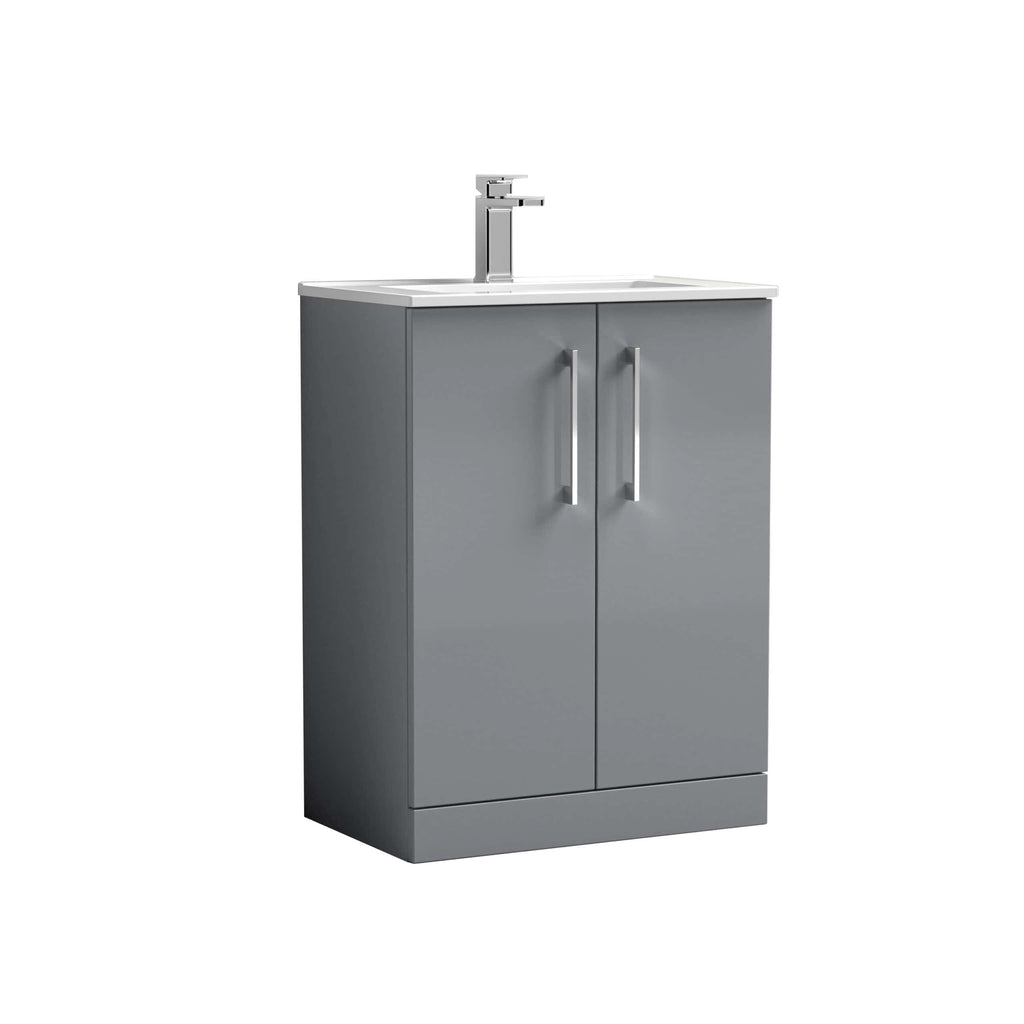 Modern grey bathroom vanity unit with integrated sink and chrome faucet, ideal for contemporary bathroom designs. Designed for durability and style, offering ample storage space.