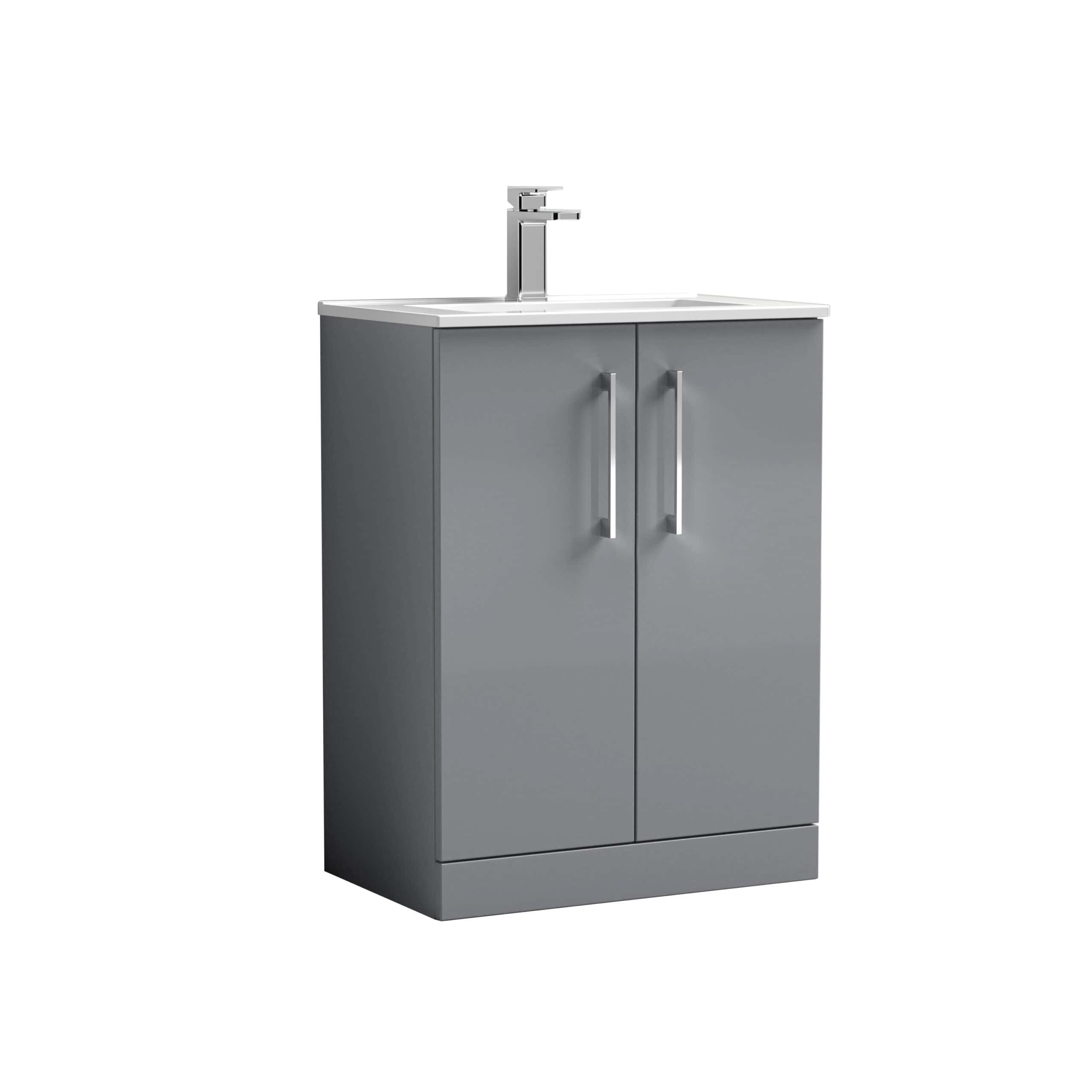 Modern grey bathroom vanity unit with integrated sink and chrome faucet, ideal for contemporary bathroom designs. Designed for durability and style, offering ample storage space.