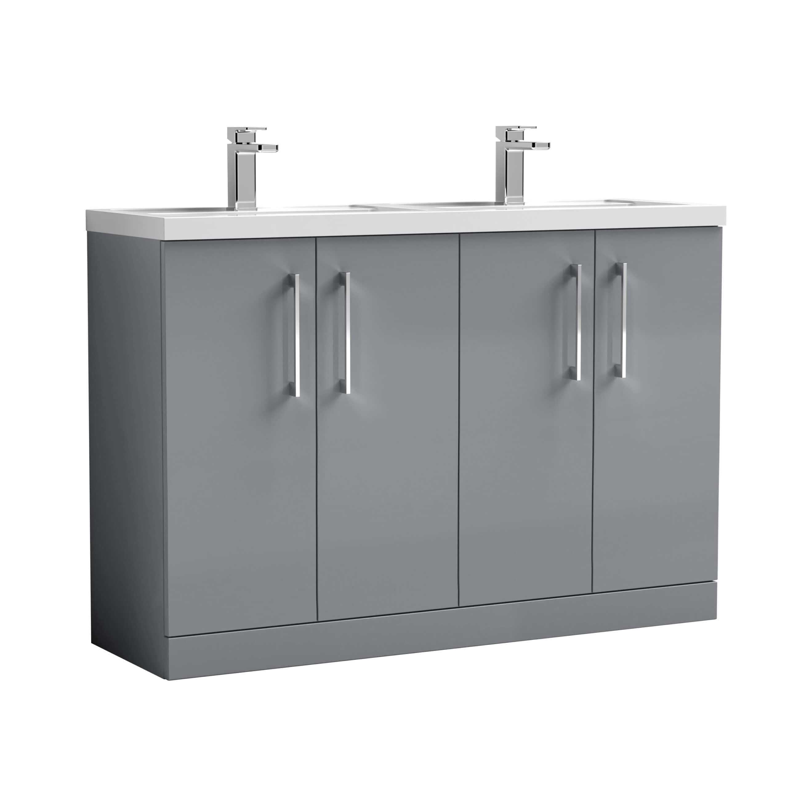 Sleek grey bathroom vanity unit with double sinks and modern chrome taps, perfect for contemporary bathroom remodels. High-quality storage cabinets with stylish handles.