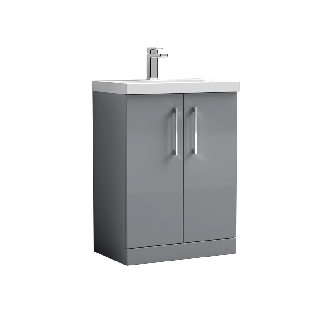 Modern grey bathroom cabinet with integrated sink and chrome faucet, ideal for contemporary bathroom schemes, offering stylish storage and practicality.