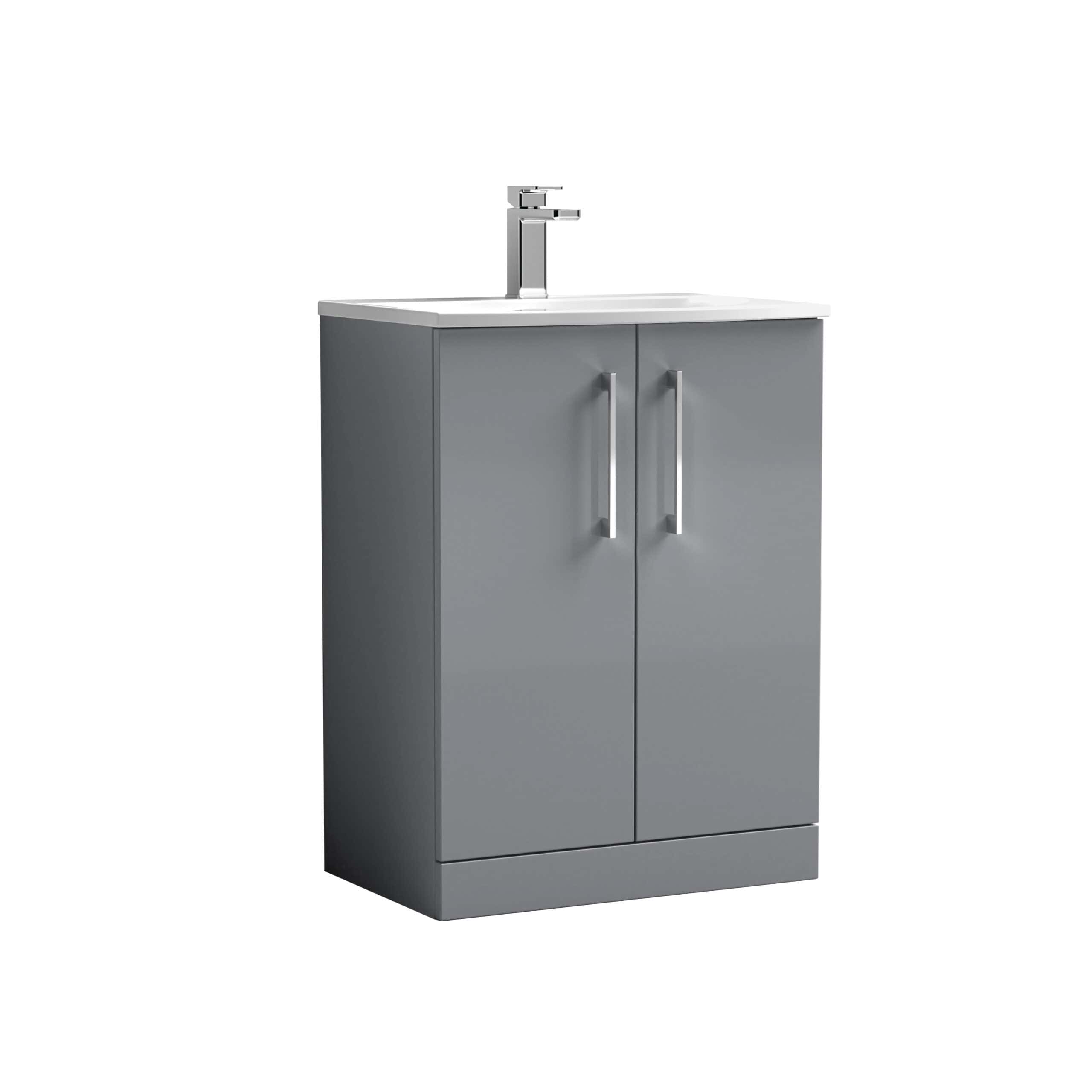 Modern grey bathroom vanity with storage cabinet and sleek chrome faucet, perfect for contemporary bathroom designs. Ideal for organisation and style in your bathroom space.