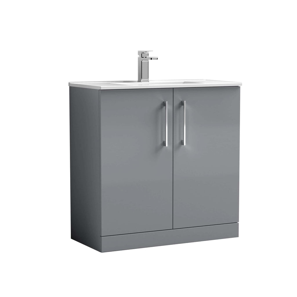 Modern grey bathroom vanity unit with dual cabinet doors and integrated sink with chrome tap, ideal for contemporary bathroom decor.