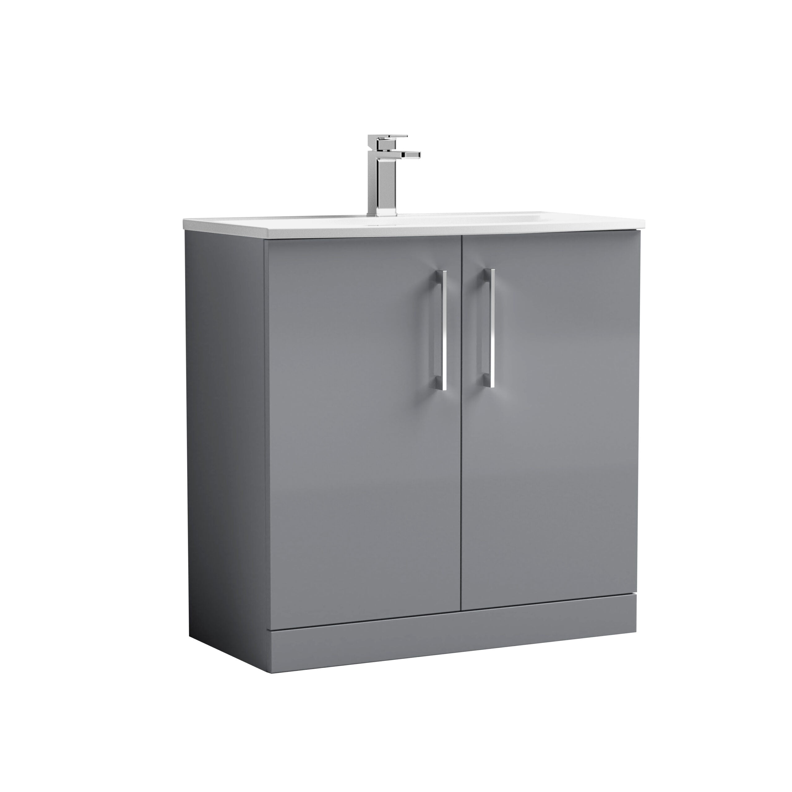 Modern grey bathroom vanity with integrated sink and chrome faucet, ideal for contemporary bathroom designs.