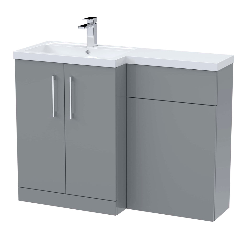 Modern grey bathroom vanity unit with white sink and chrome tap, featuring storage cabinets and drawers, ideal for contemporary bathroom decor.