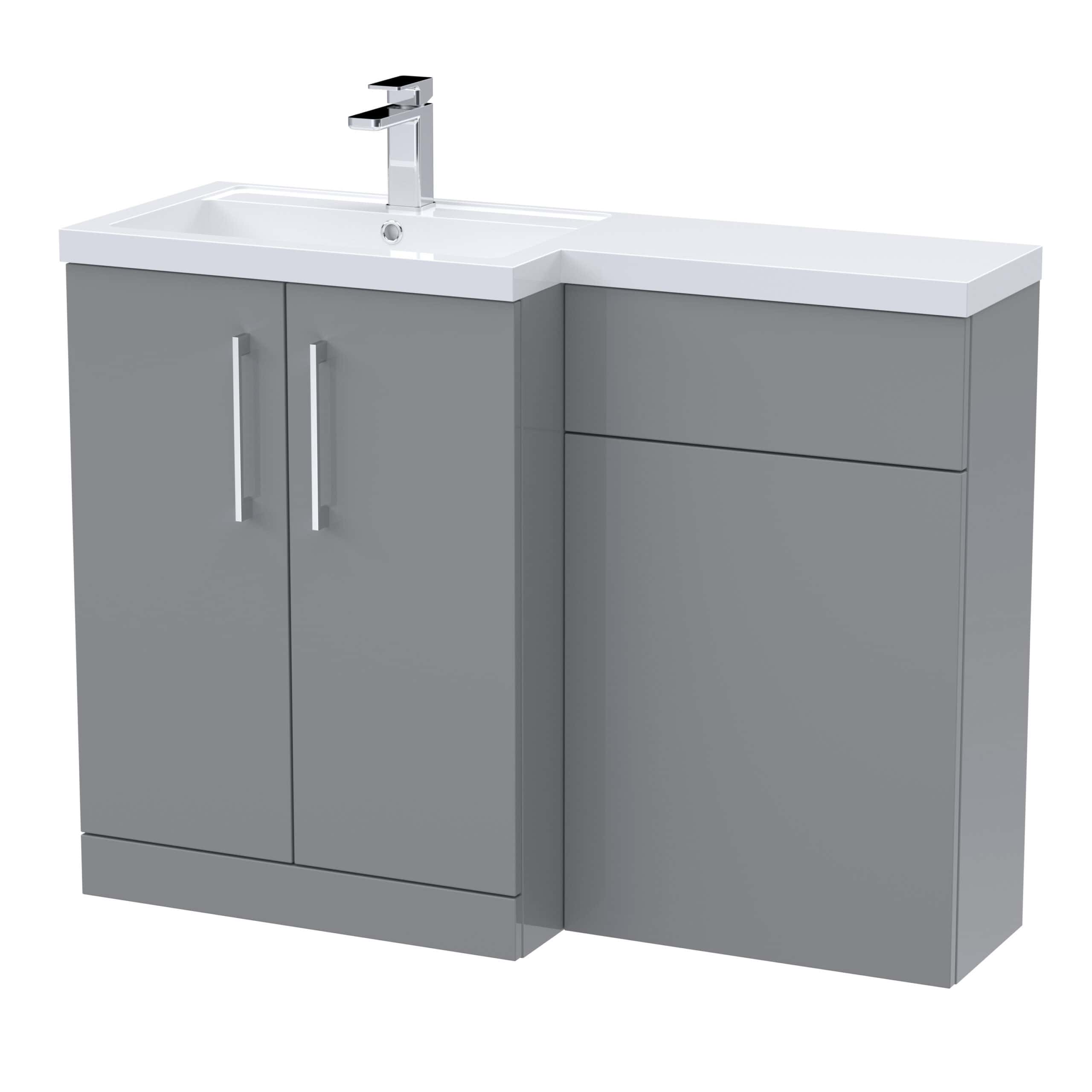 Modern grey bathroom vanity unit with white sink and chrome tap, featuring storage cabinets and drawers, ideal for contemporary bathroom decor.