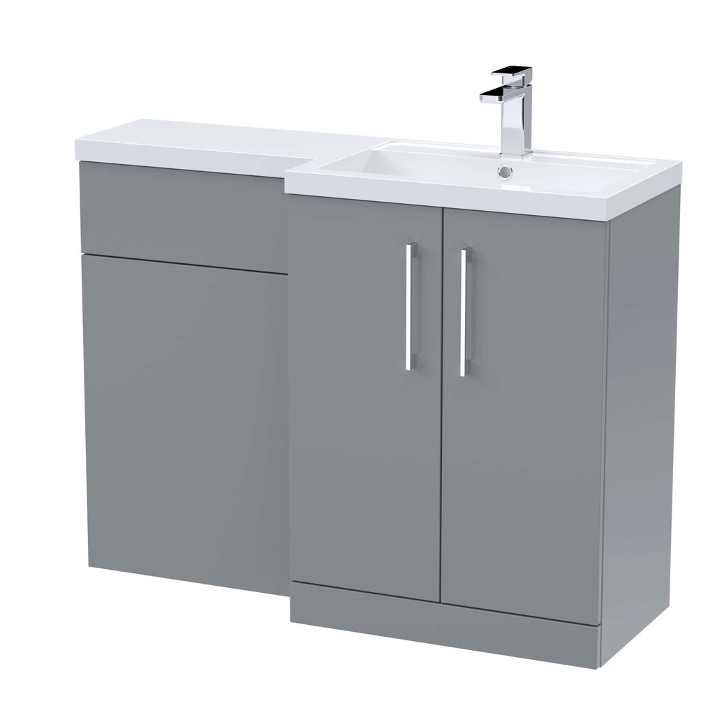 Modern grey bathroom vanity with integrated sink and chrome faucet, ideal for contemporary bathrooms. Features ample storage with cabinets and drawers, perfect for organising bathroom essentials.