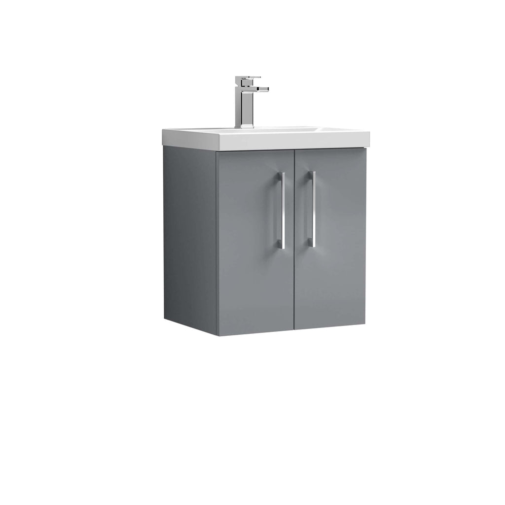 Compact bathroom vanity with integrated sink and modern grey cabinet, ideal for contemporary bathroom renovations and maximise storage space.