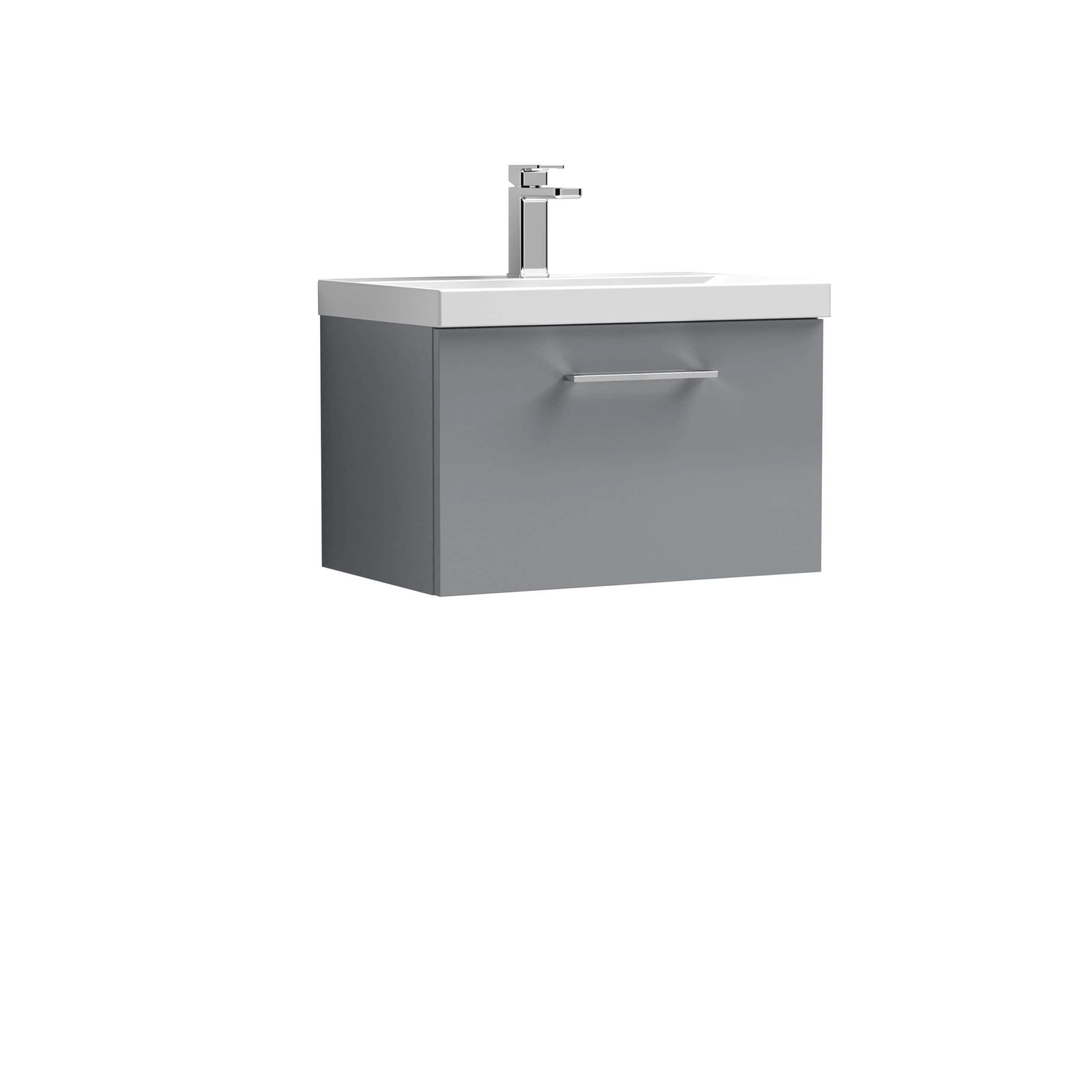 Contemporary grey bathroom vanity with integrated sink and modern chrome faucet, ideal for stylish bathroom renovation and space-saving bathroom furniture.