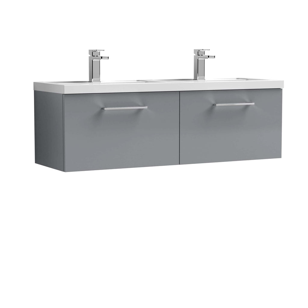 Modern grey double bathroom vanity unit with sleek silver handles and integrated sinks, ideal for contemporary bathroom design and storage solutions.