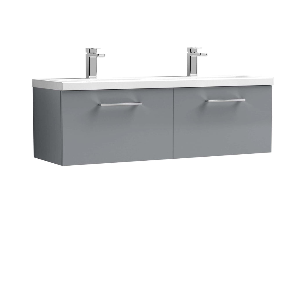 Contemporary grey bathroom vanity unit with dual sinks and modern chrome taps, perfect for stylish bathroom interiors.